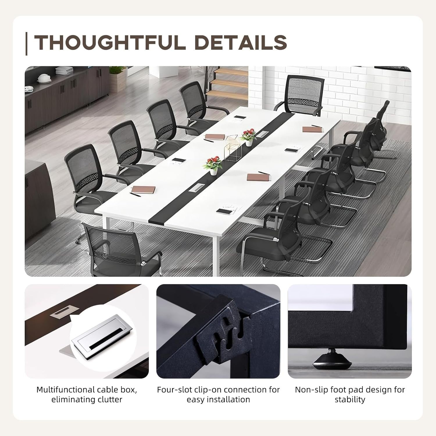 Large Black Conference Table Meeting Desk w/ Cable Duct Metal Frame 120×60cm