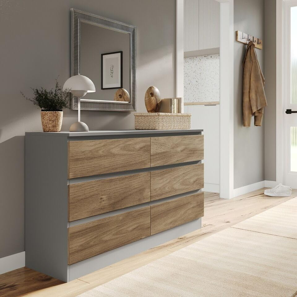 Oak 6 Drawer Chest Cabinet Storage Unit for Bedroom Living Room Office