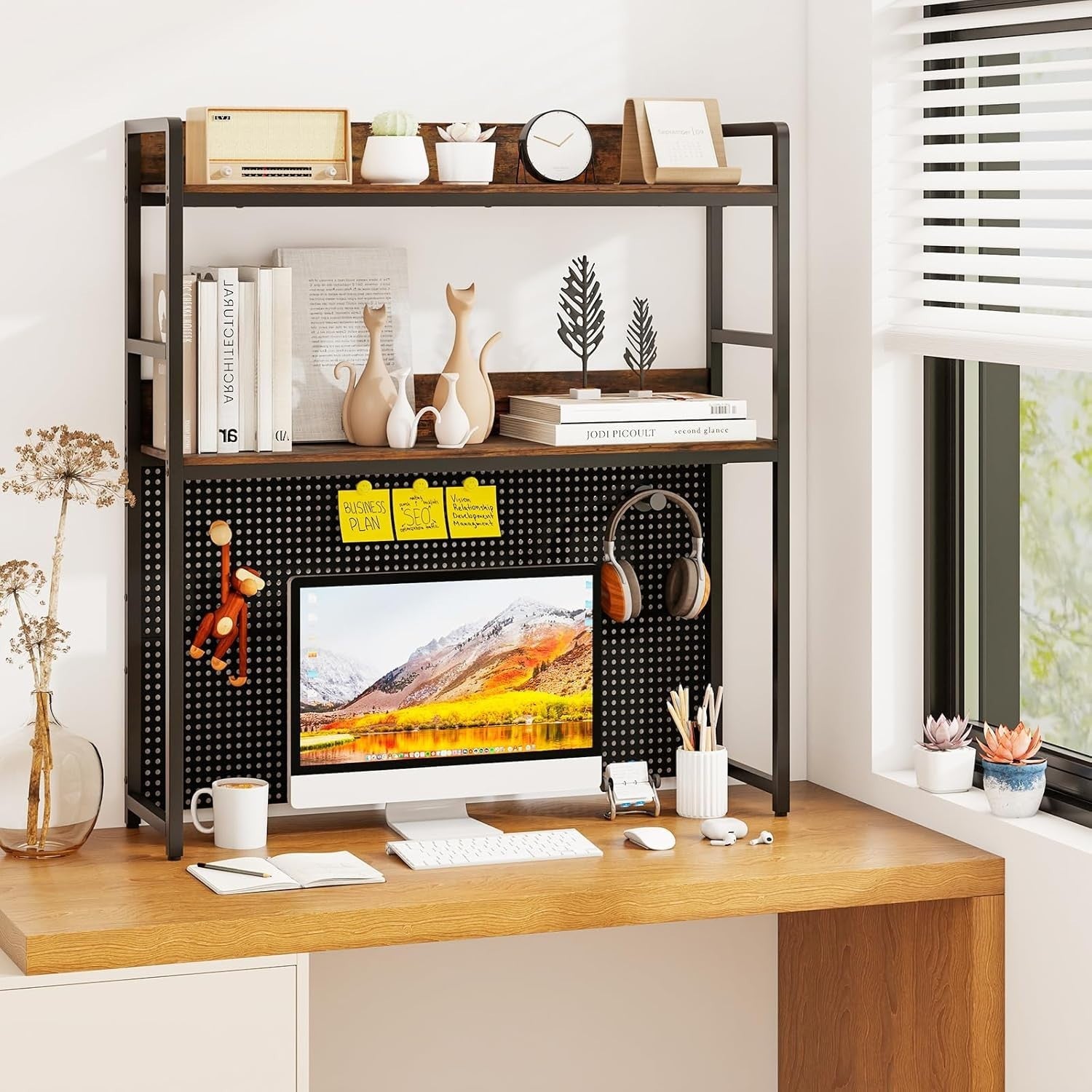94cm Industrial Desk Hutch – 2-Tier Desktop Bookshelf w/ Pegboard & Metal Frame