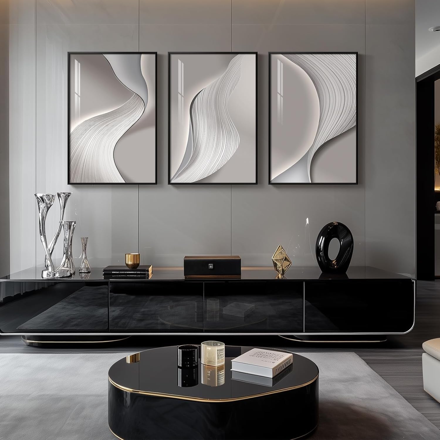 Large Framed Abstract Wall Art 3 Panel Silver Grey 24x36in Modern Decor