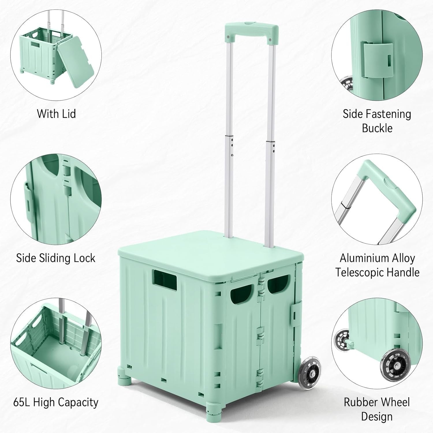 65L Foldable Shopping Trolley with Wheels & Lid Portable Utility Cart