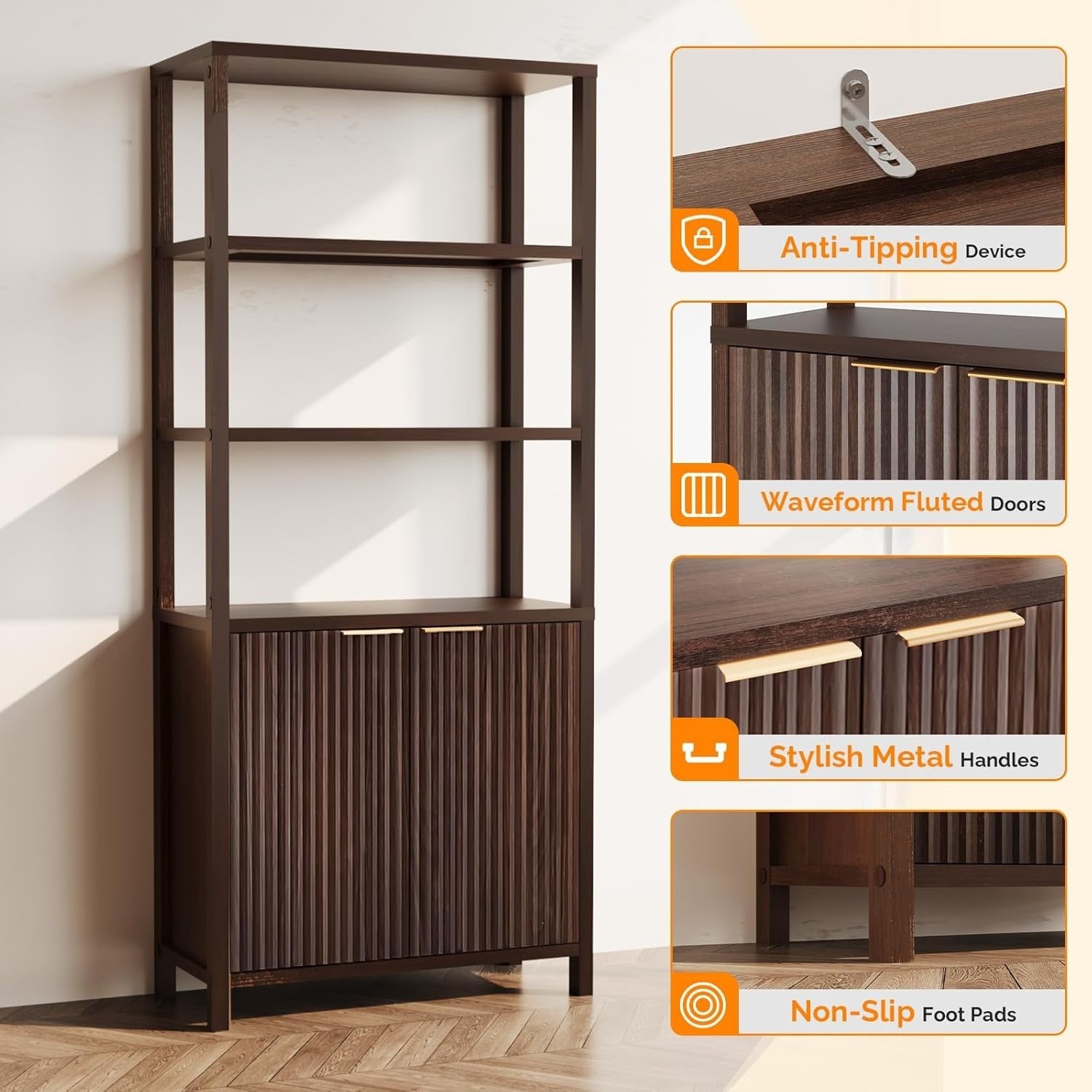 6 Tier Bookcase with Doors Fluted Panel Bookshelf Adjustable Storage Cabinet
