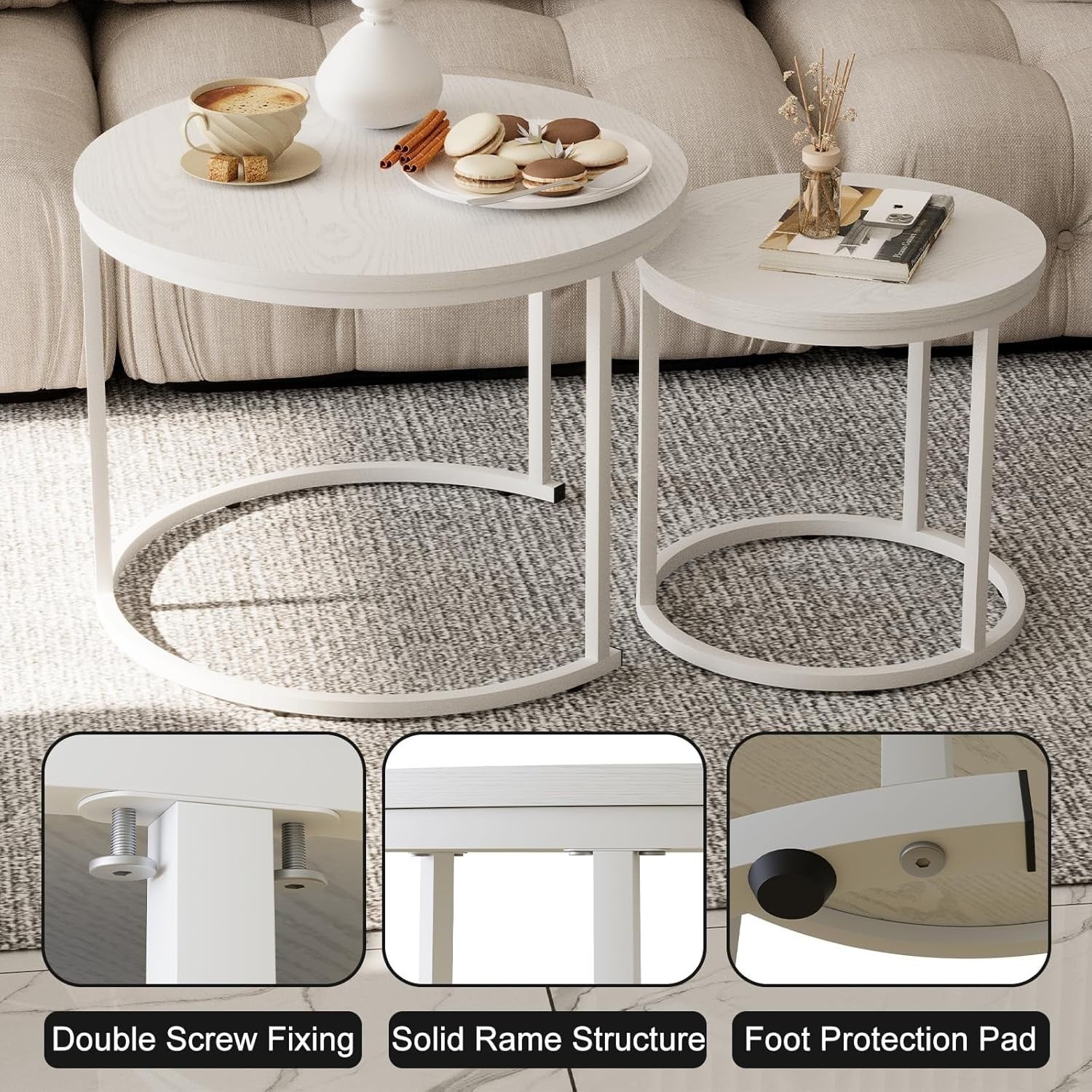2pcs White Round Nesting Coffee Table Set Wood Metal Frame Living Room Side End