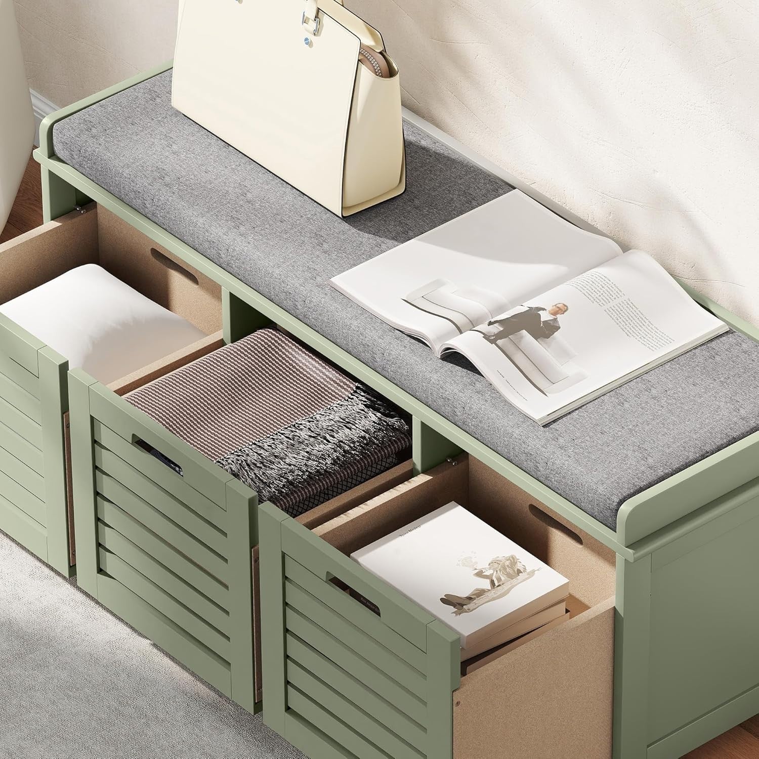 Space-Saving Shoe Storage Bench with 3 Drawers & Cushioned Seat – Green