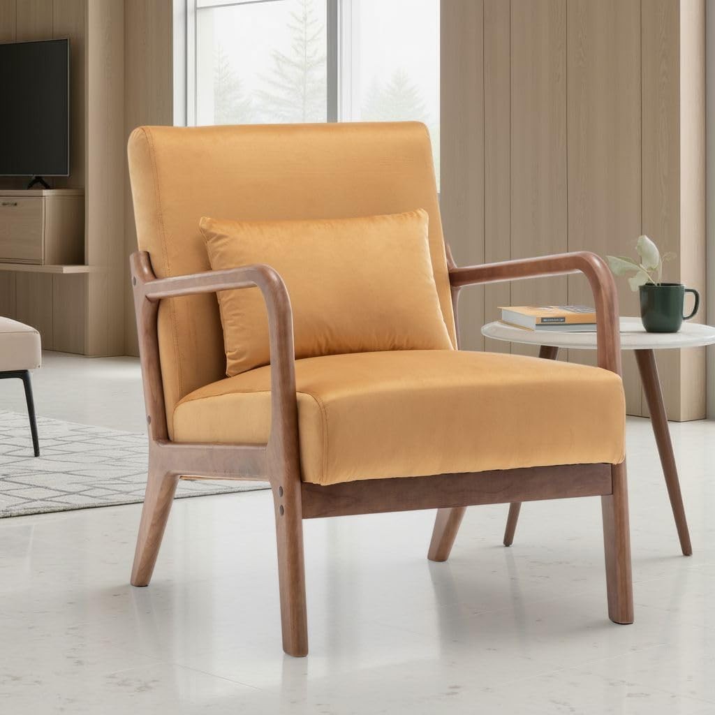 Gold Velvet Accent Chair w/ Lumbar Cushion – Small Armchair