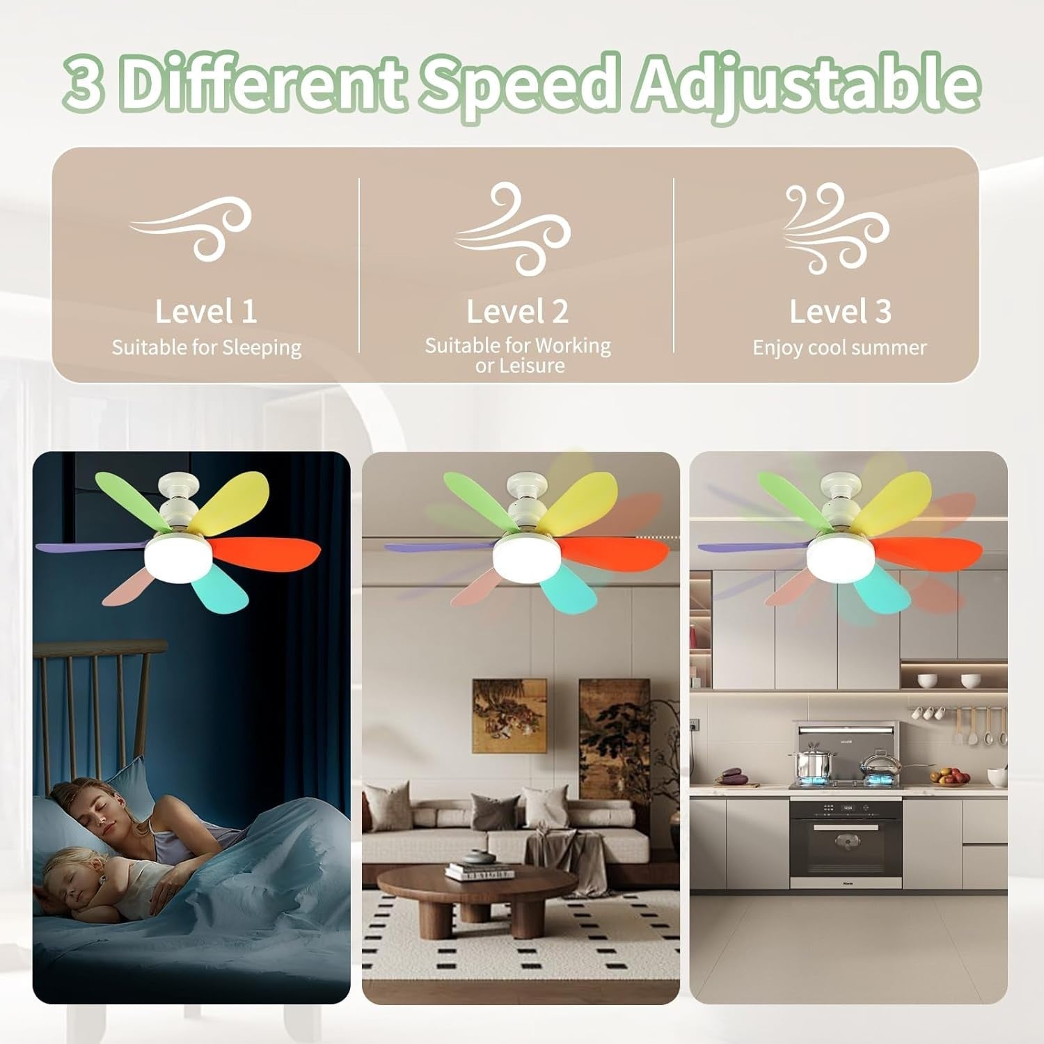 Socket Ceiling Fan with Light, Remote, E27 Base, Rainbow & White Blades, LED