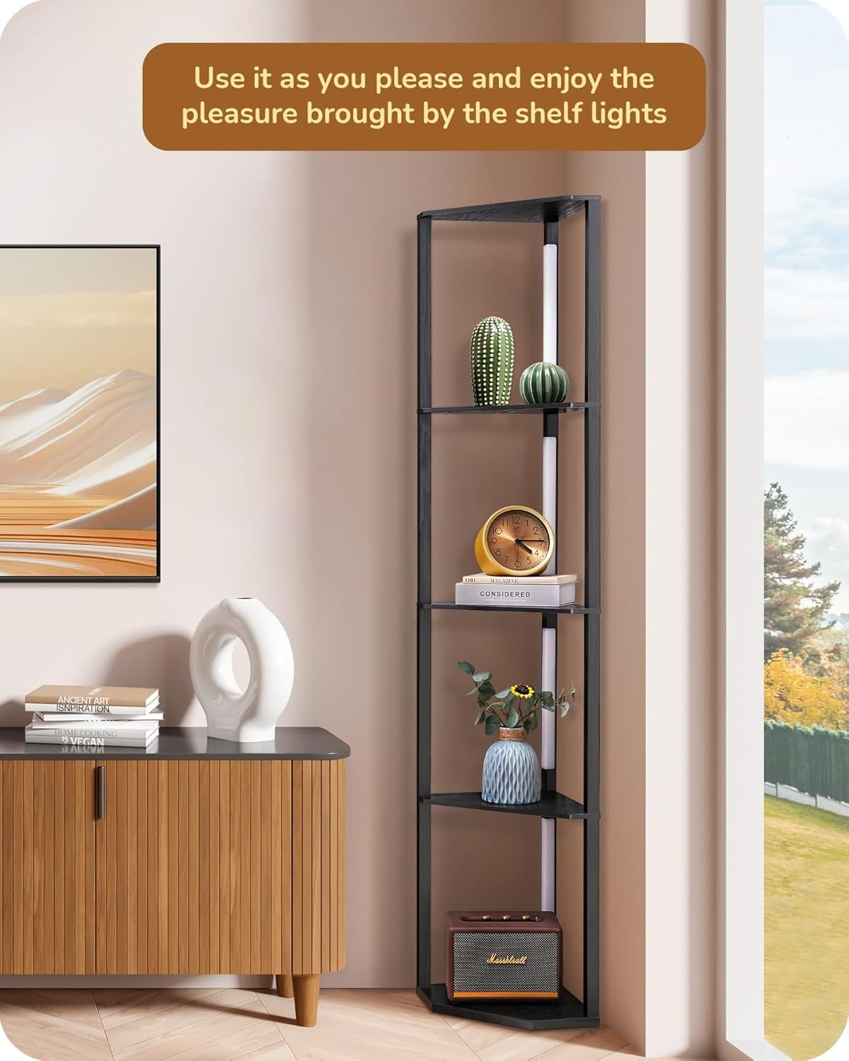 LED Floor Lamp with Shelves Black Wood 4-Tier Corner Light for Living Room