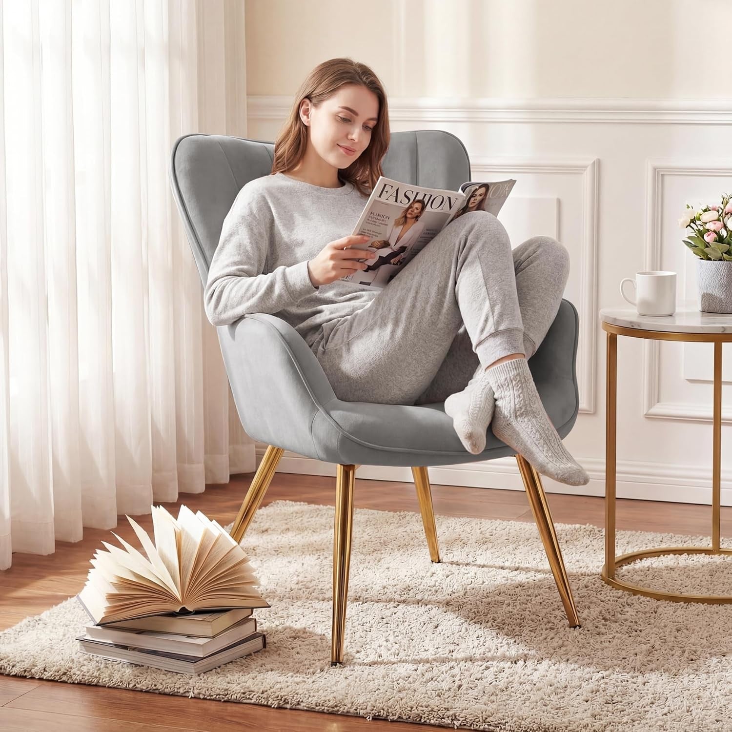Wing Back Accent Armchair with Ottoman Modern Lounge Chair Grey