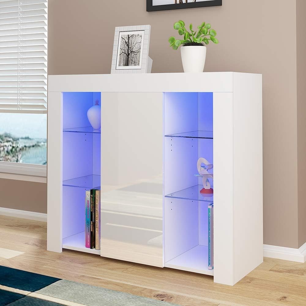 Modern LED Glass Shelf Sideboard Cabinet Storage Unit with RGB Light