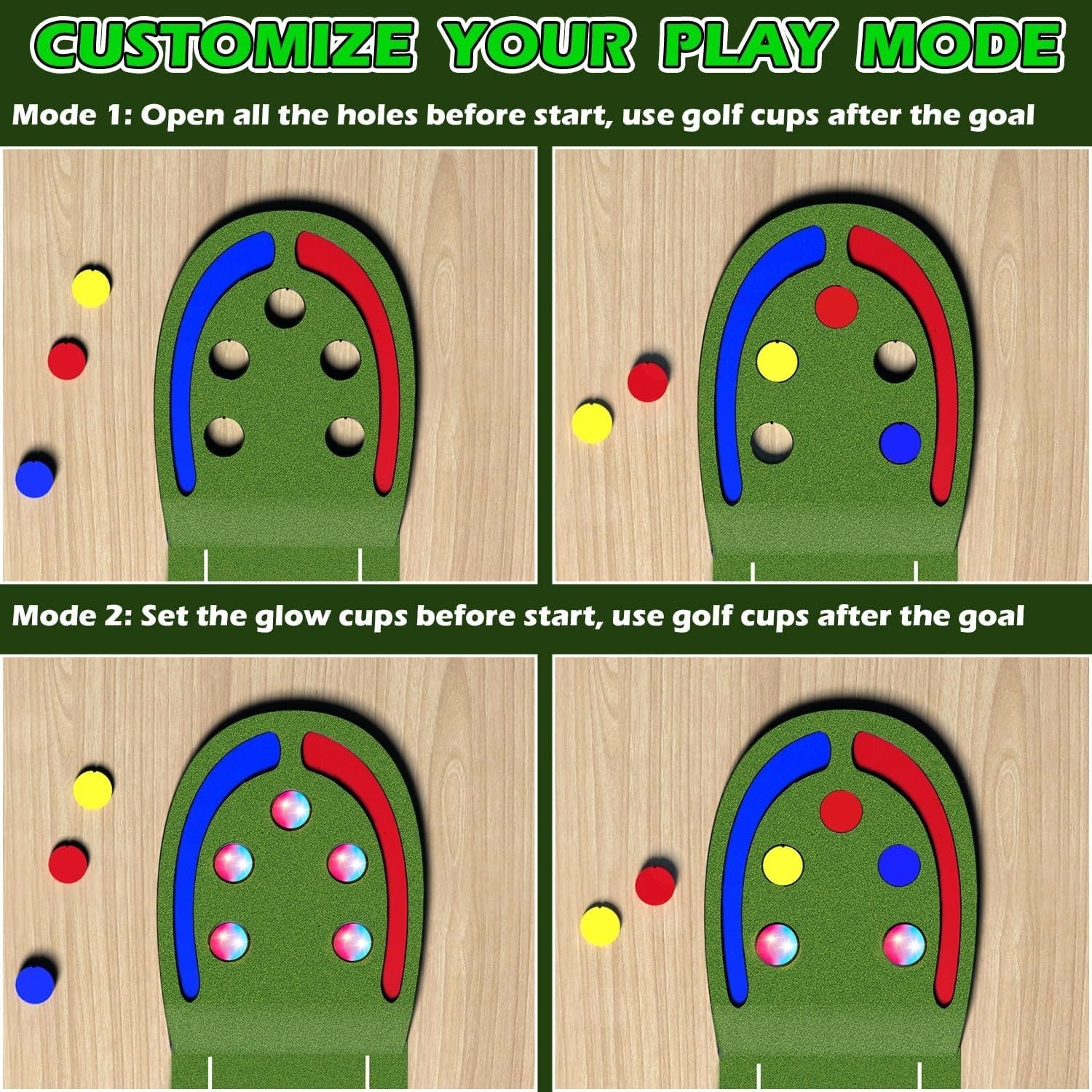 Kids Indoor Golf Putting Mat Game Set LED Balls Portable Practice Green