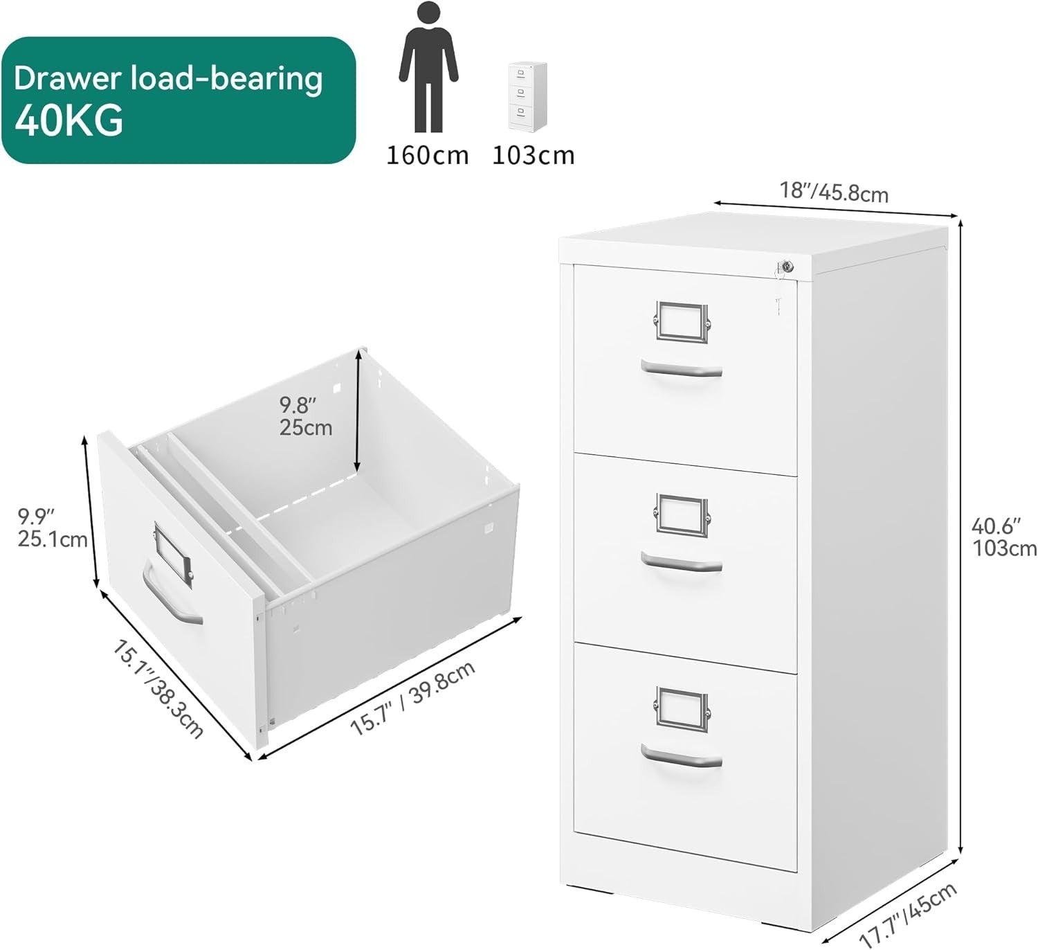Lockable 3 Drawer Filing Cabinet White Steel Vertical A4 Legal Office Storage