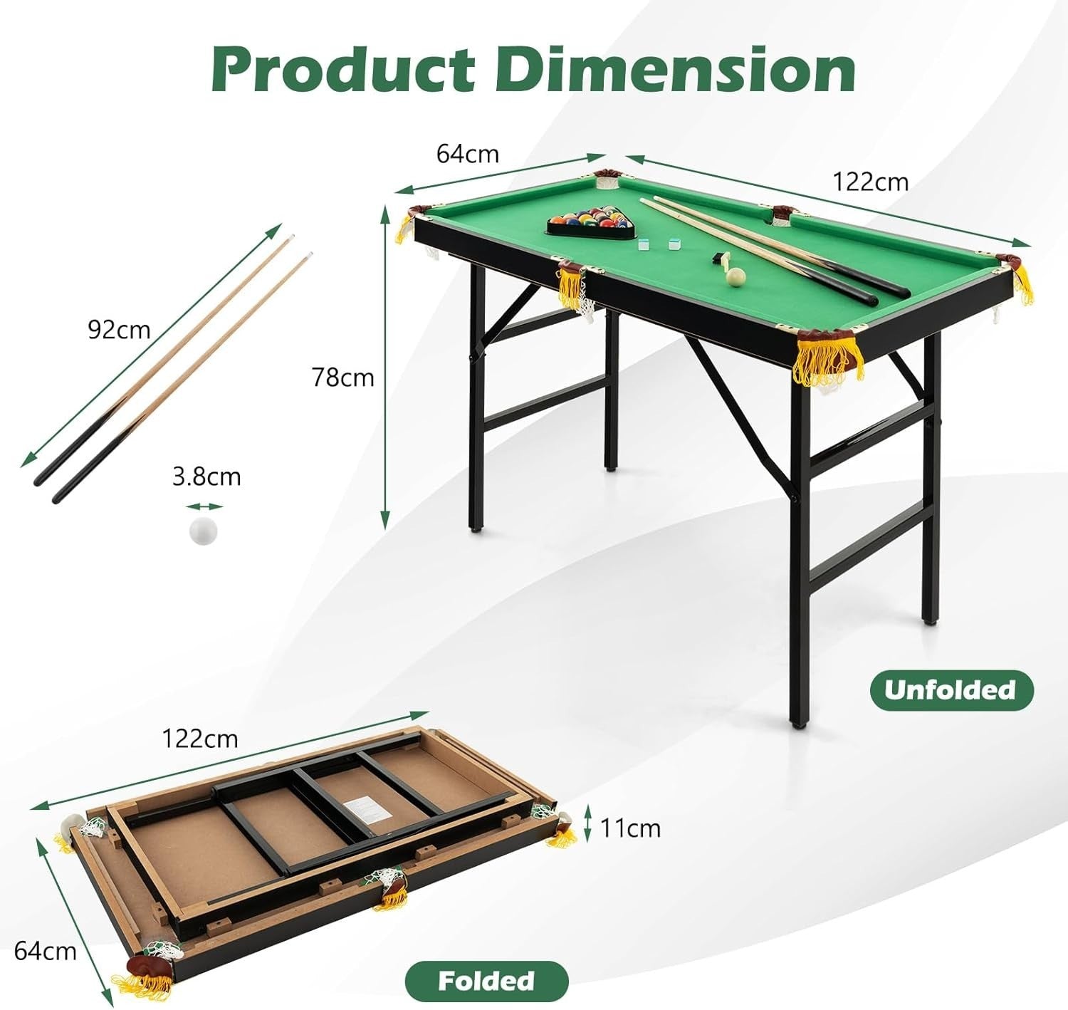 4FT Folding Pool Snooker Table Set Portable Billiards w Cues Balls