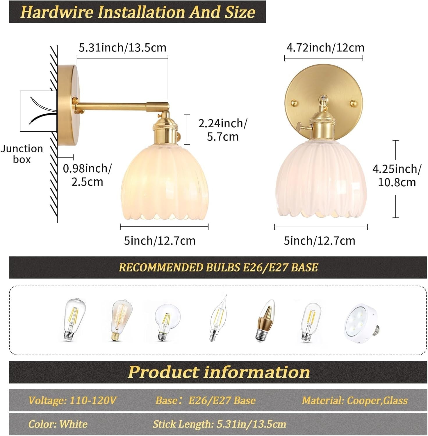 Vintage Gold Wall Sconce Tulip Glass Shade 180° Adjustable Light with Switch