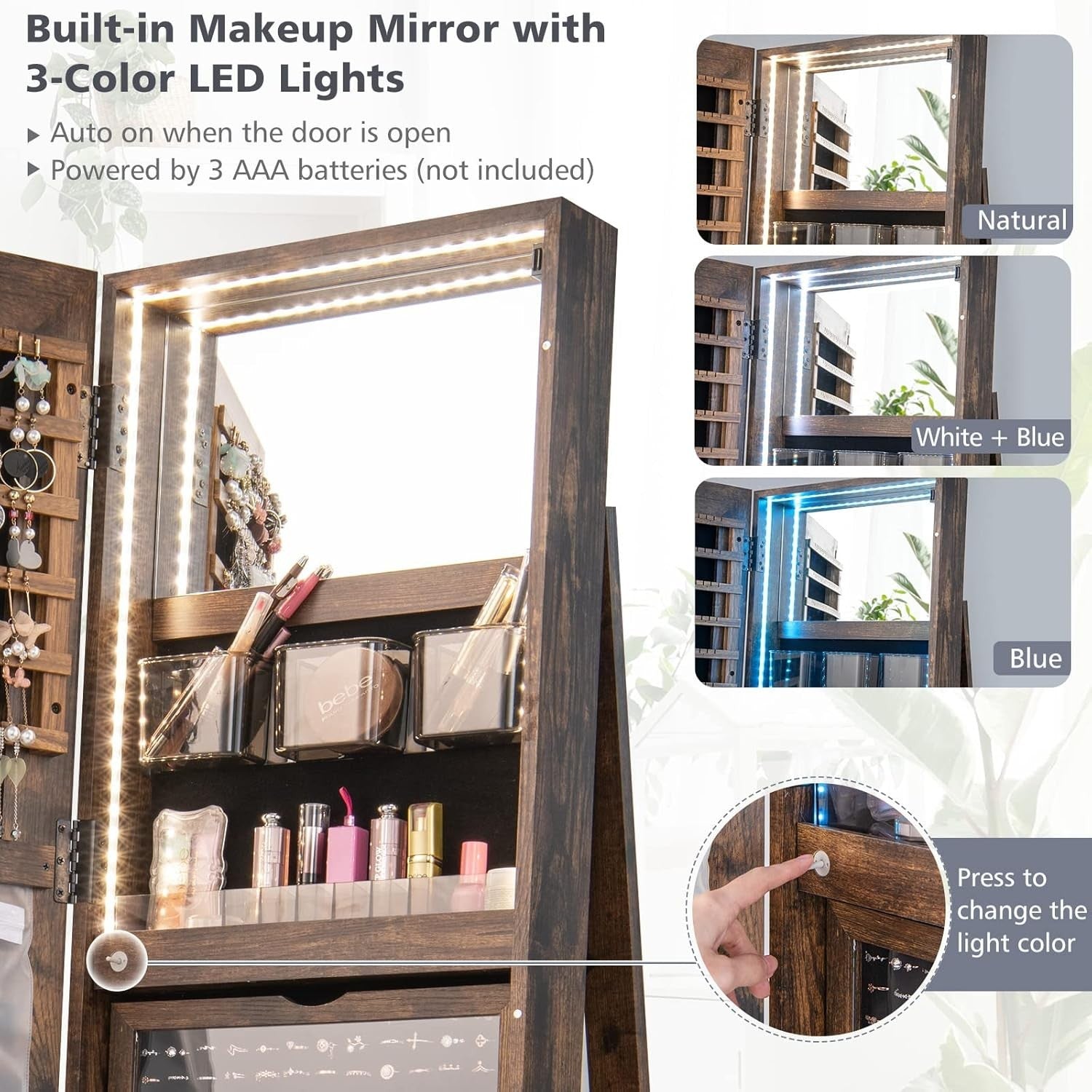 360° Rotating Jewelry Cabinet LED Mirror Lockable Storage Organizer