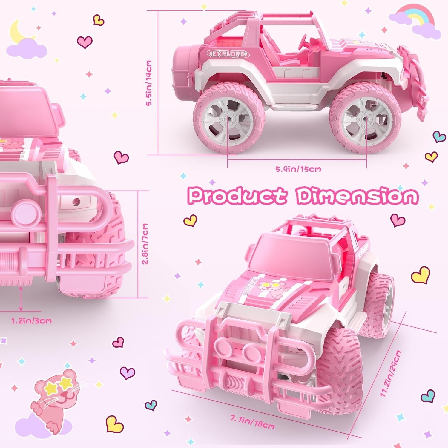 Pink RC Jeep Car for Girls 3 4 5 6 7 8+, 1:18 Remote Control Truck w/ LED Lights