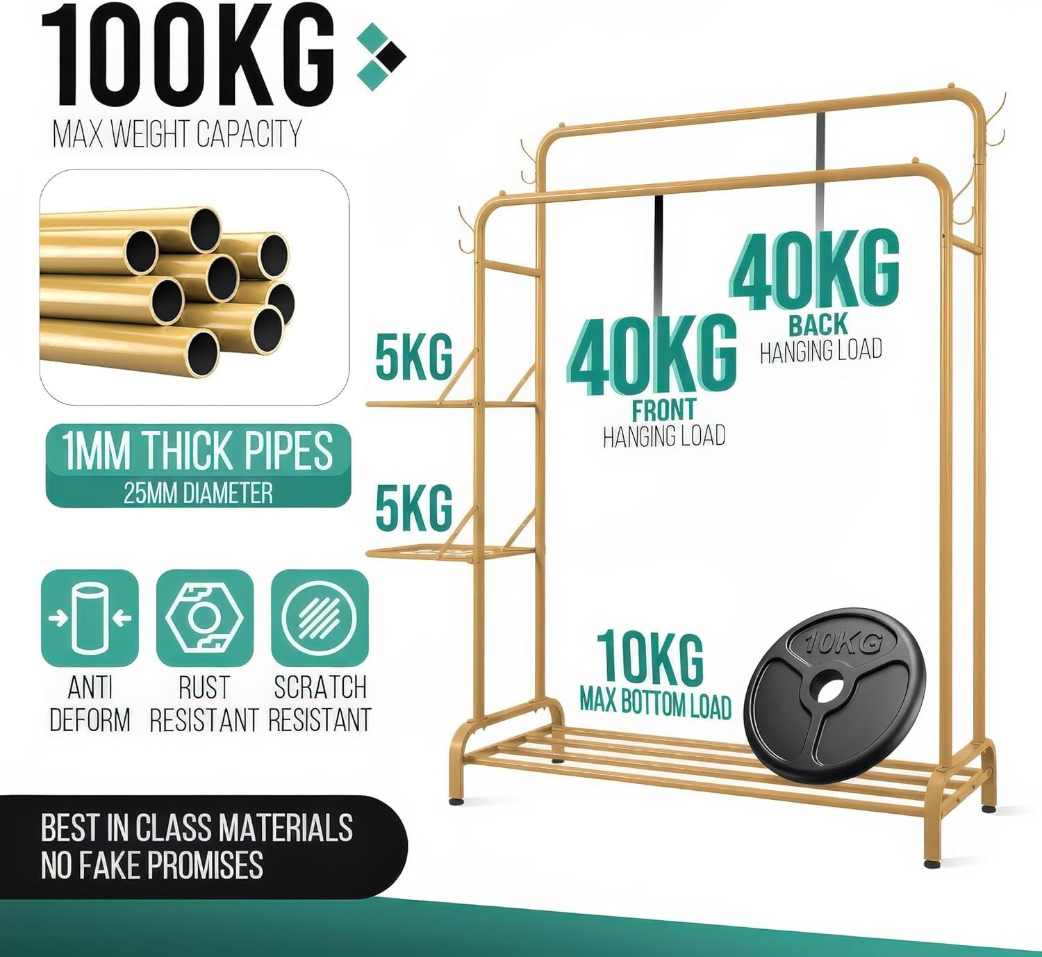 Gold Heavy Duty Clothes Rail 100KG With Folding Shelves