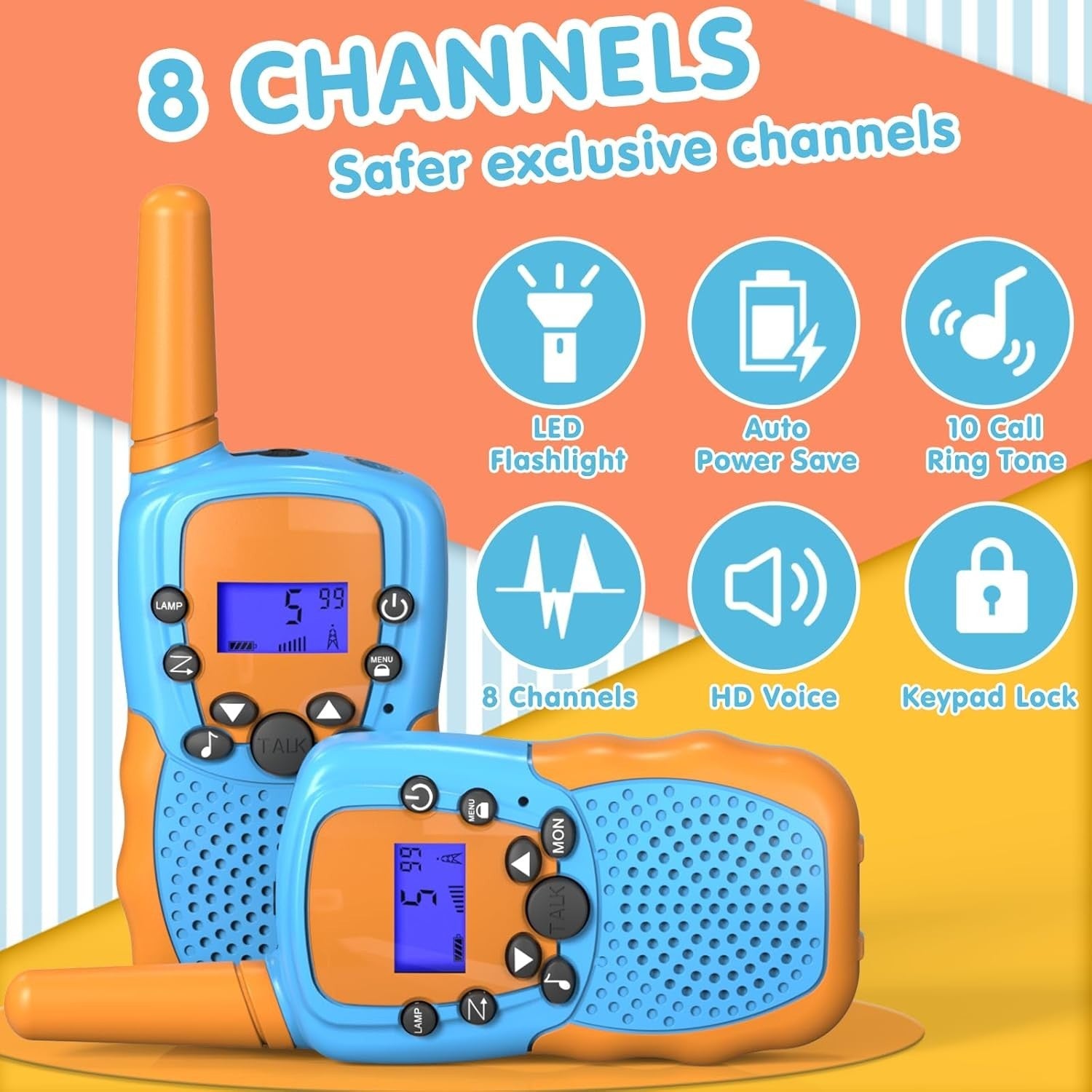 Kids Walkie Talkies 2 Pack 8 Channel 3 Mile LCD Flashlight Toy