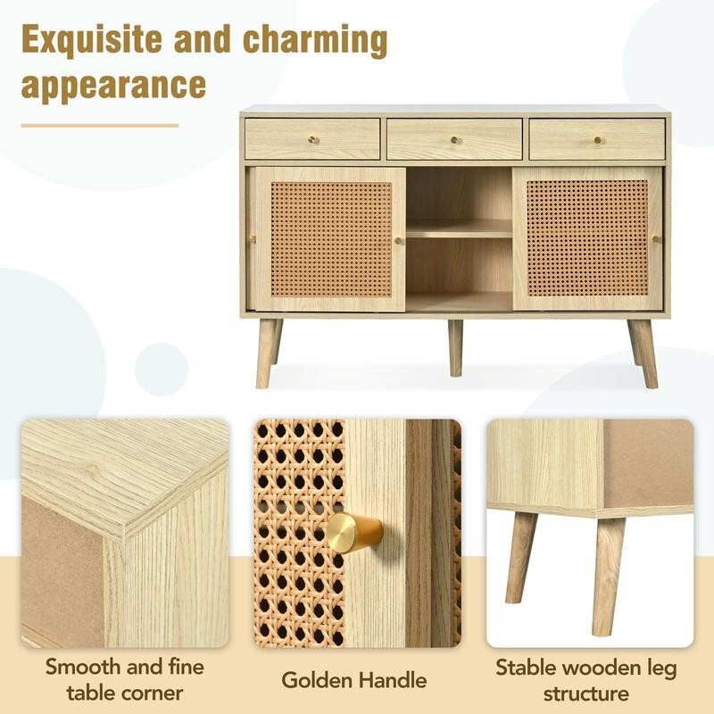 Rattan Sideboard Cabinet 3 Drawer Storage Unit 120cm Boho Retro Wood