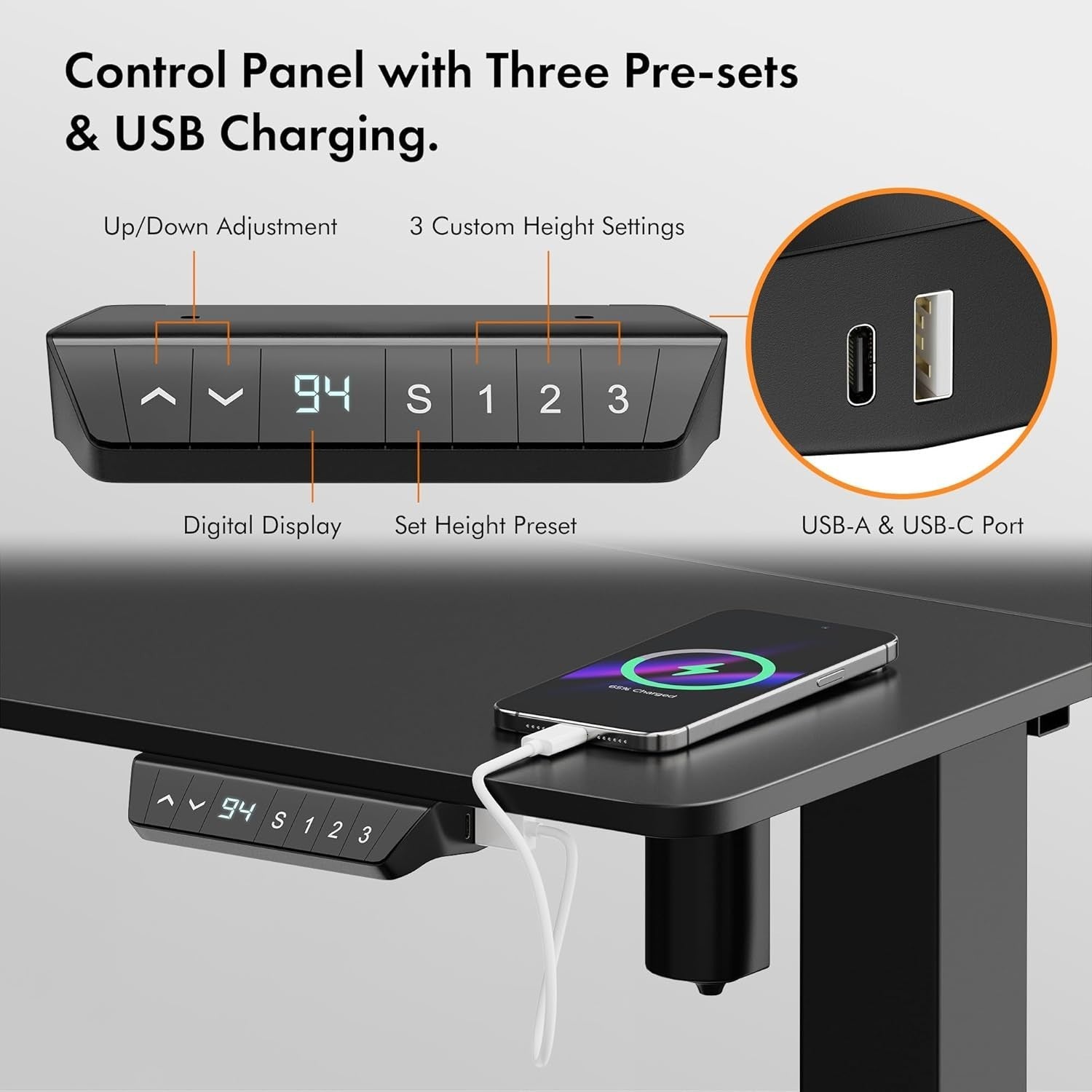 Electric 120x60cm Standing Desk w/USB-C Charging & Memory Presets, Black