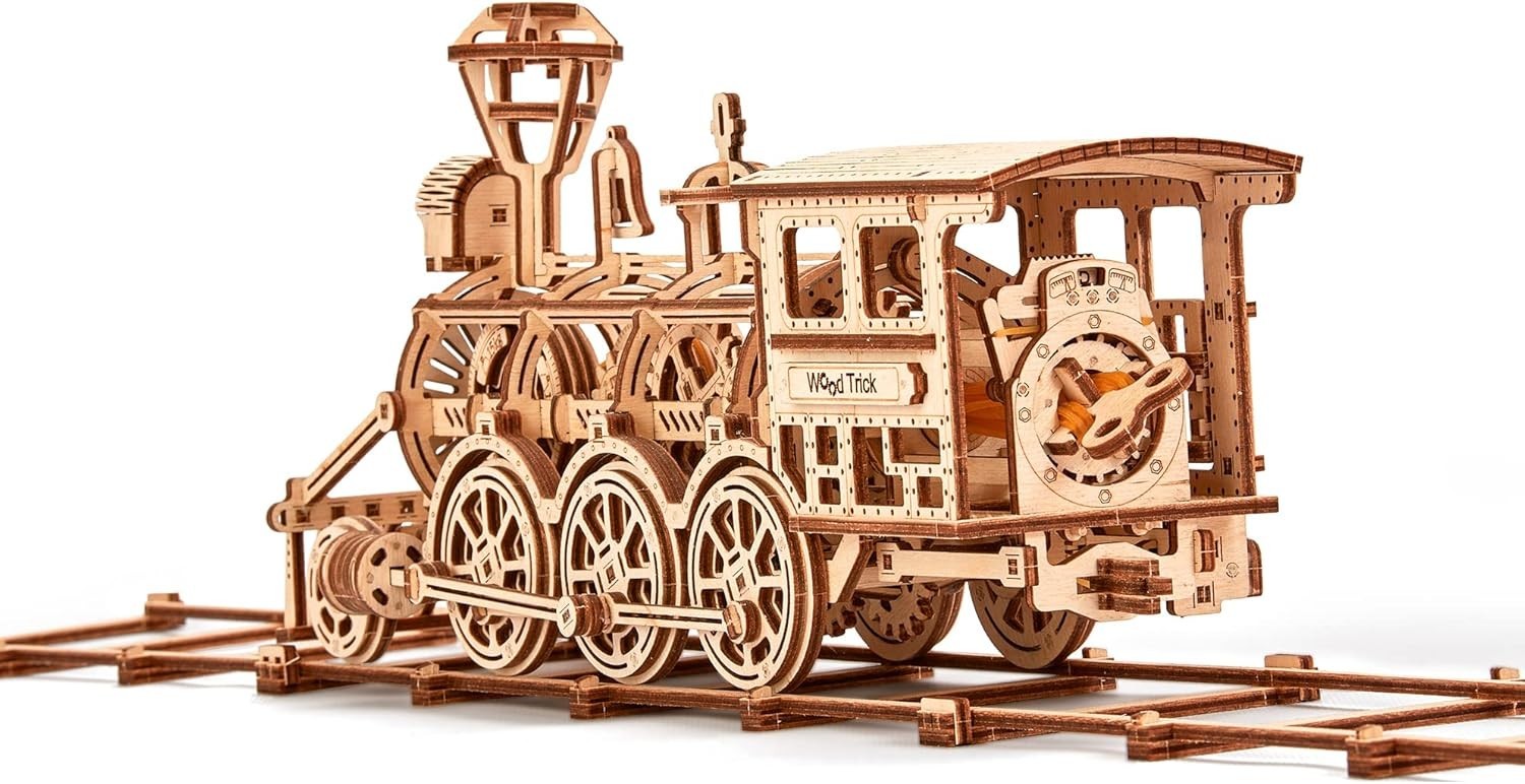 3D Wooden Train Set with Railway DIY Locomotive Puzzle Model Kit Adult