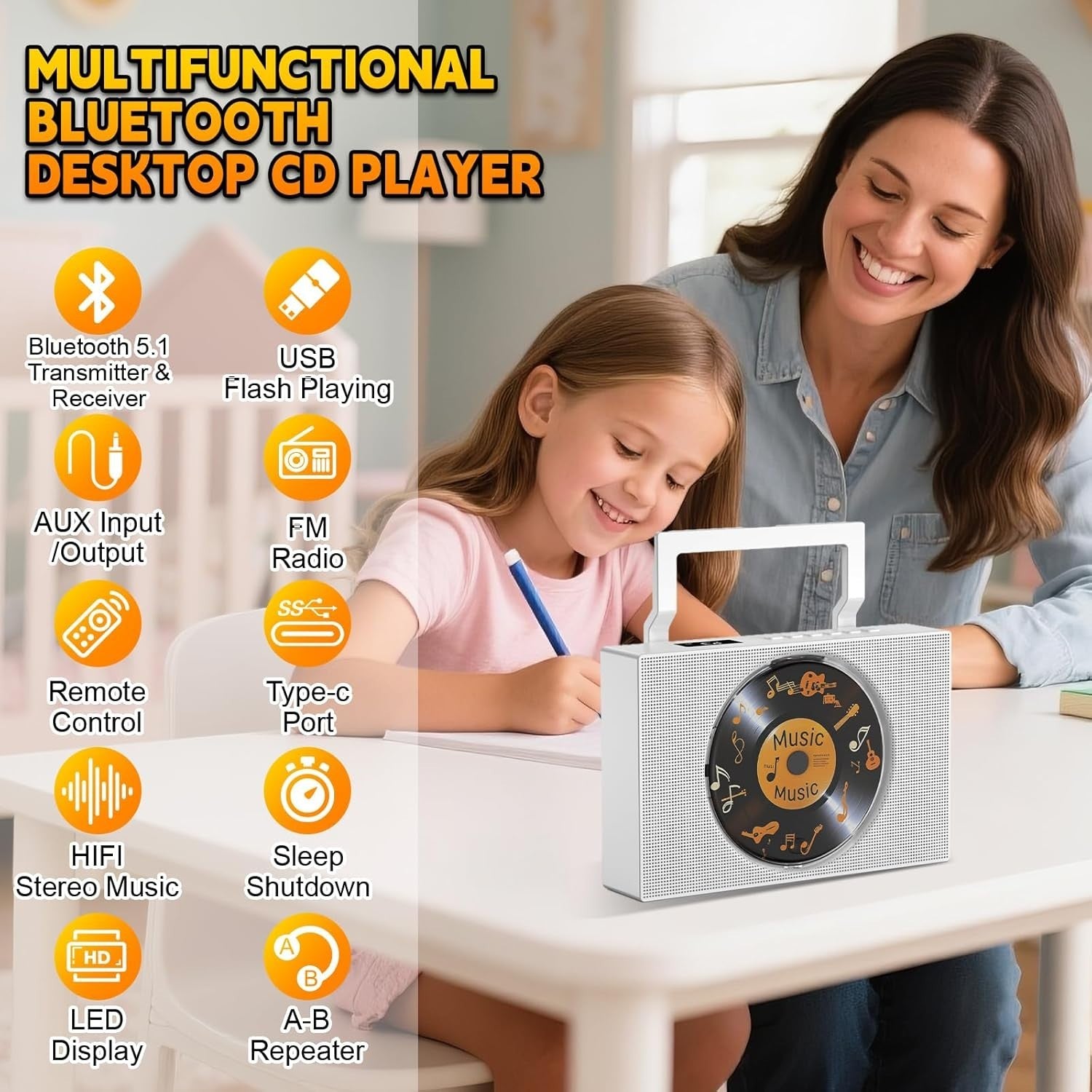 Bluetooth CD Player FM Radio USB AUX Speakers Remote Display White