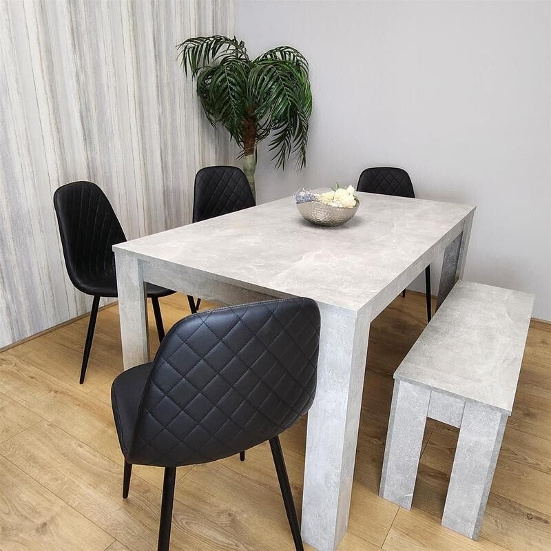 6 Seater Dining Table Set with Bench Grey Stone Effect Wood & Black Chairs