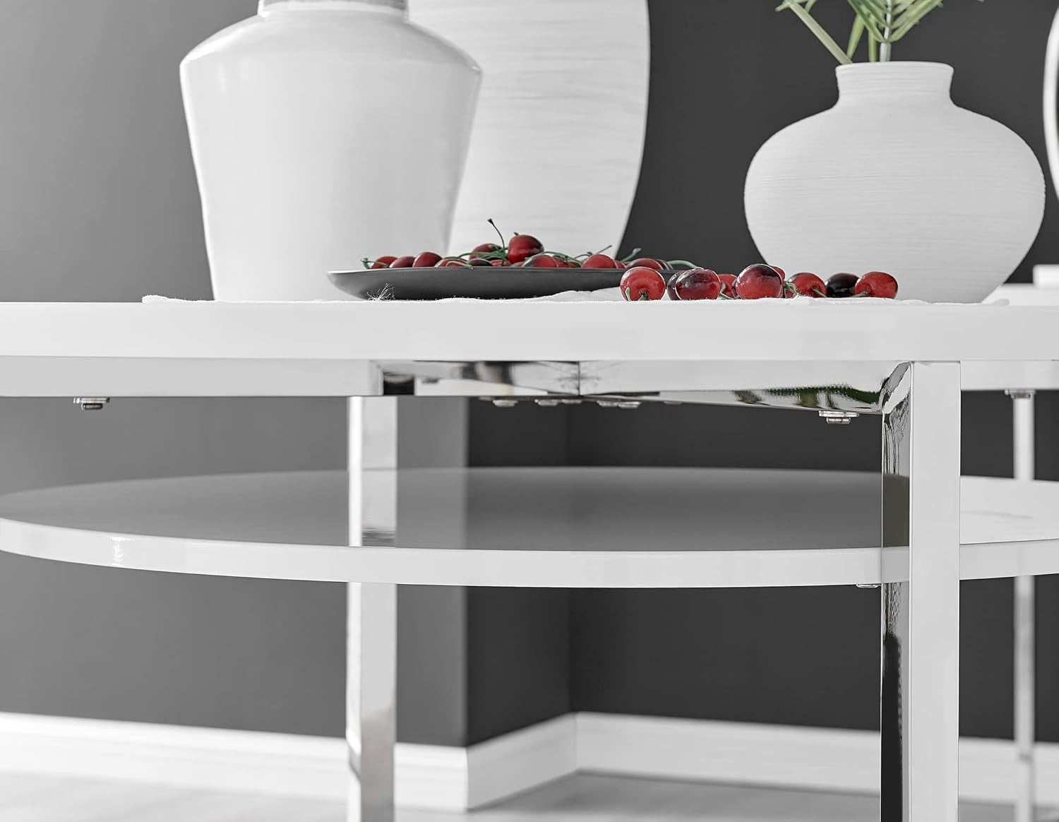 White Round Dining Table High Gloss Chrome Legs Shelf Storage 4 Seater