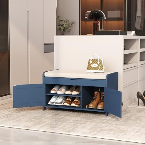 Blue Upholstered Shoe Storage Bench with Cushion Seat Cabinet Entryway 100x36x45