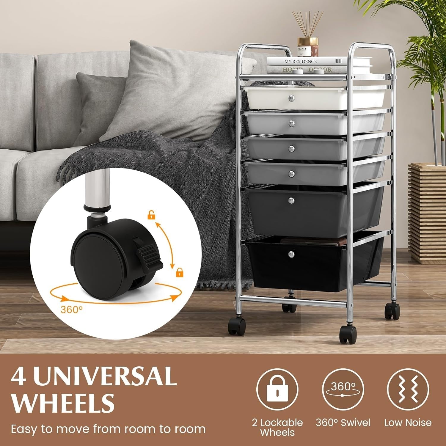 6 Drawer Rolling Storage Cart Utility Trolley Organizer Lockable Wheels
