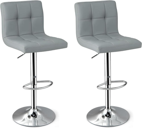 Set of 2 Adjustable Grey PU Leather Bar Stools with Swivel & Footrest