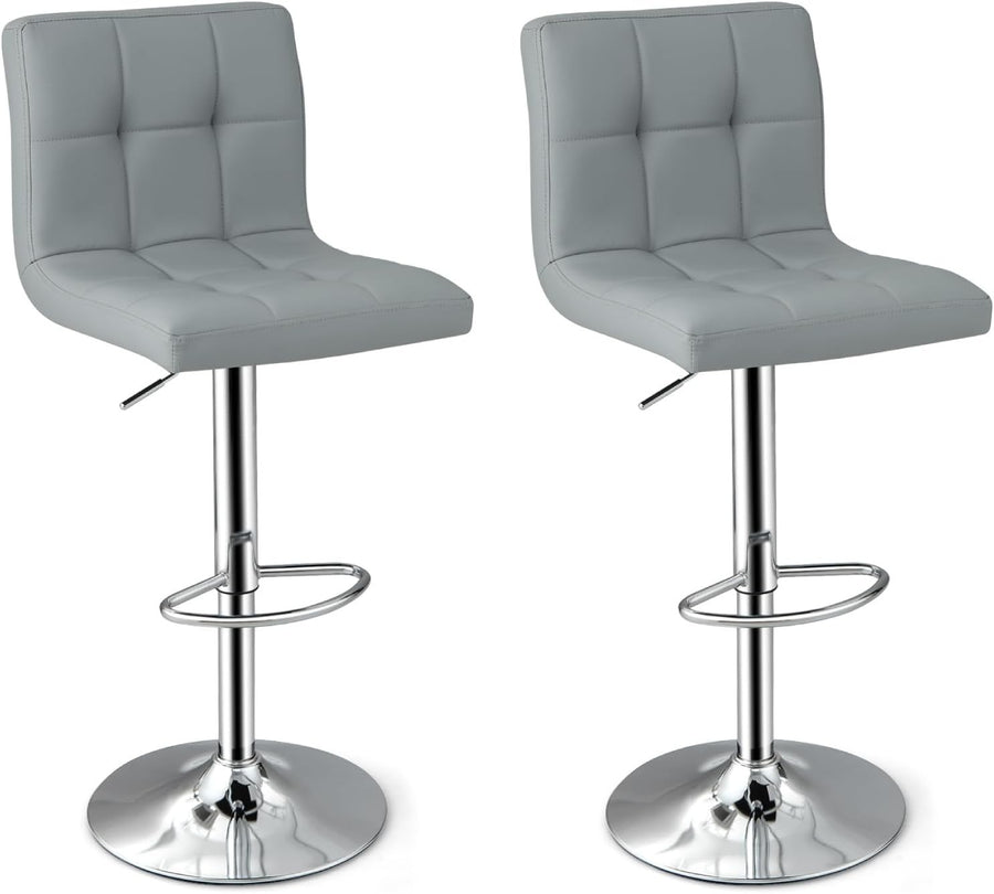 Set of 2 Adjustable Grey PU Leather Bar Stools with Swivel & Footrest
