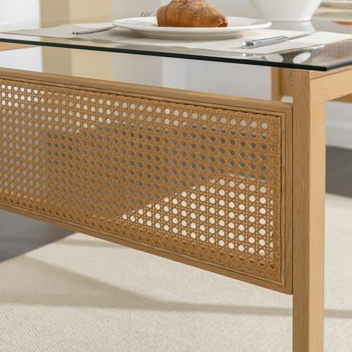 Boho Glass Dining Table Rectangular 120x70x75cm Metal & Rattan 4-6 Seater