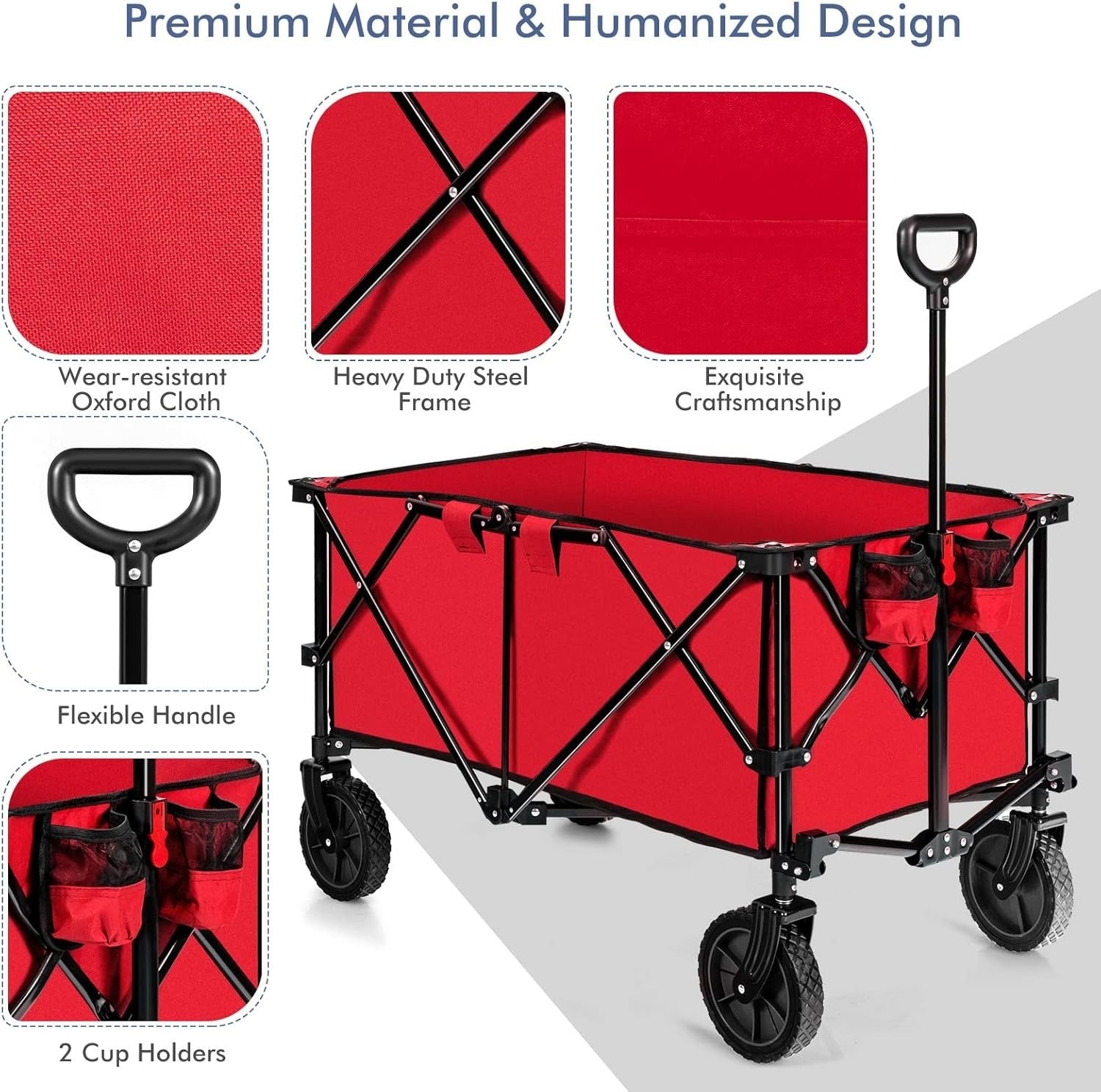 Red Folding Camping Wagon Heavy Duty Collapsible Beach Garden Cart w/ Handle