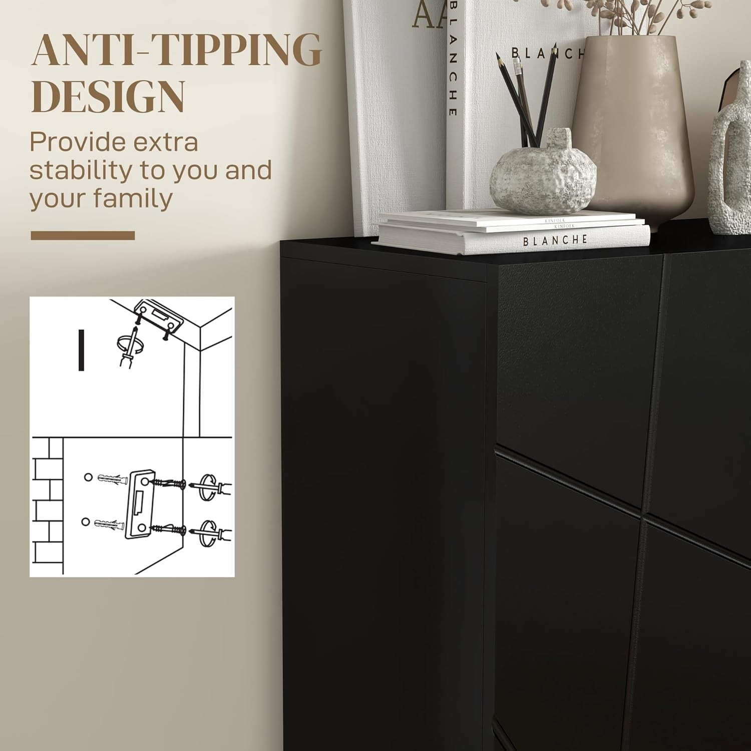 Slim High Gloss Black Shoe Cabinet with Soft-Close Doors & Adjustable Shelves