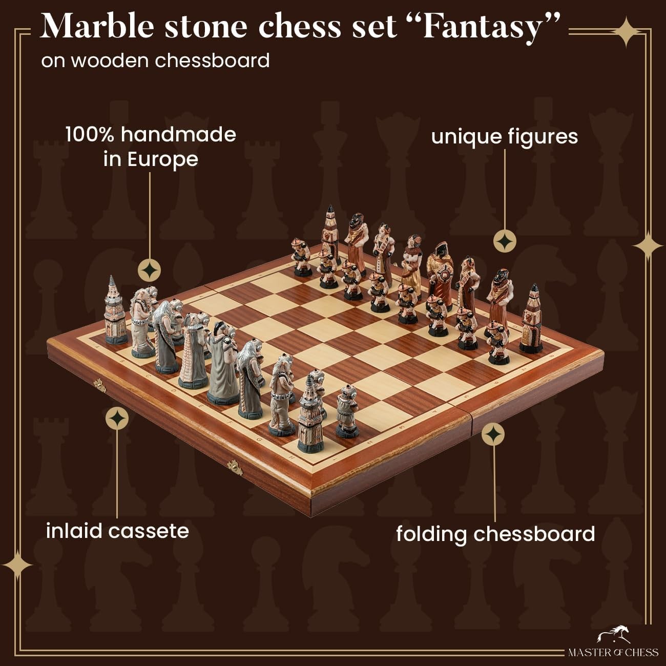 58cm Medieval Fantasy Chess Set | Stone Figures & Inlaid Wooden Board | Handcraf