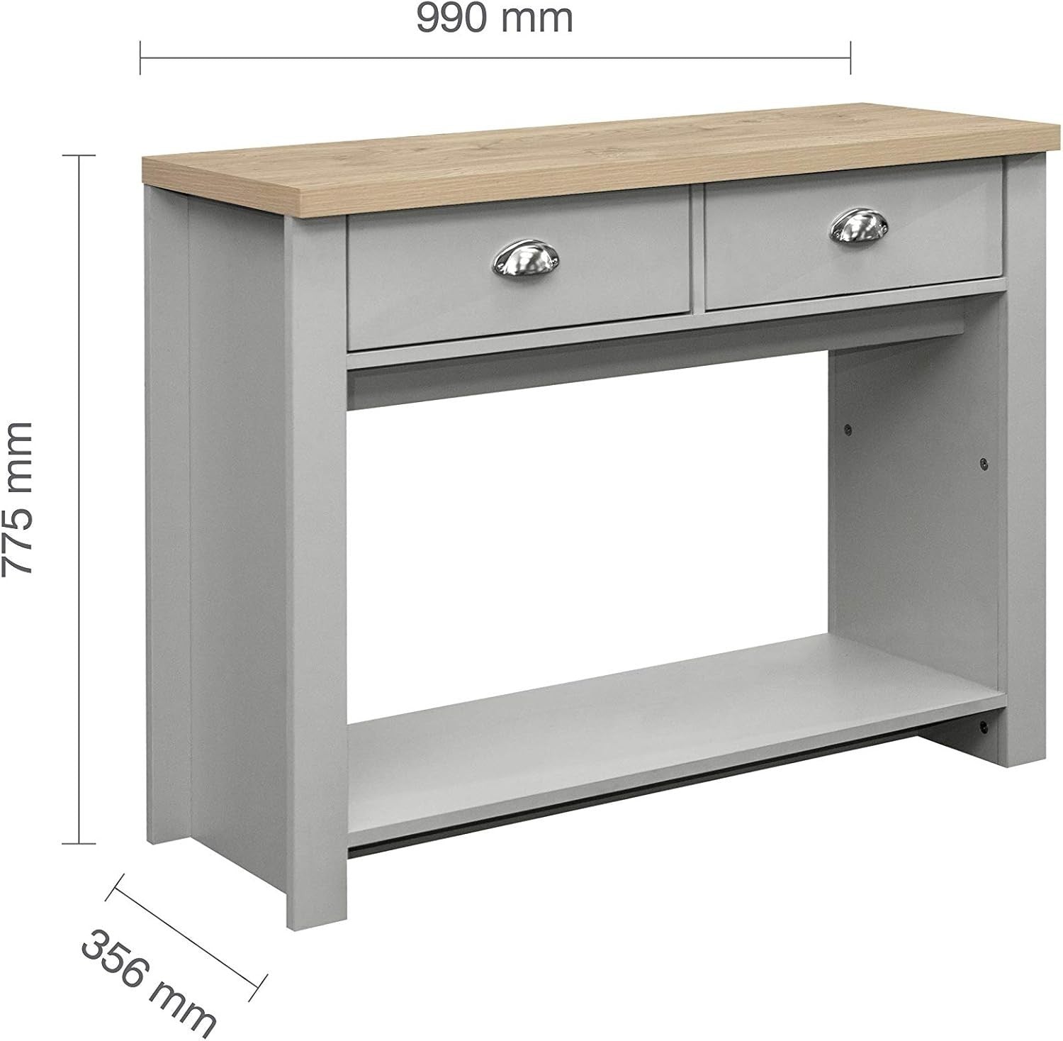 Grey 2 Drawer Console Table Oak Top - Farmhouse Style Storage Shelf