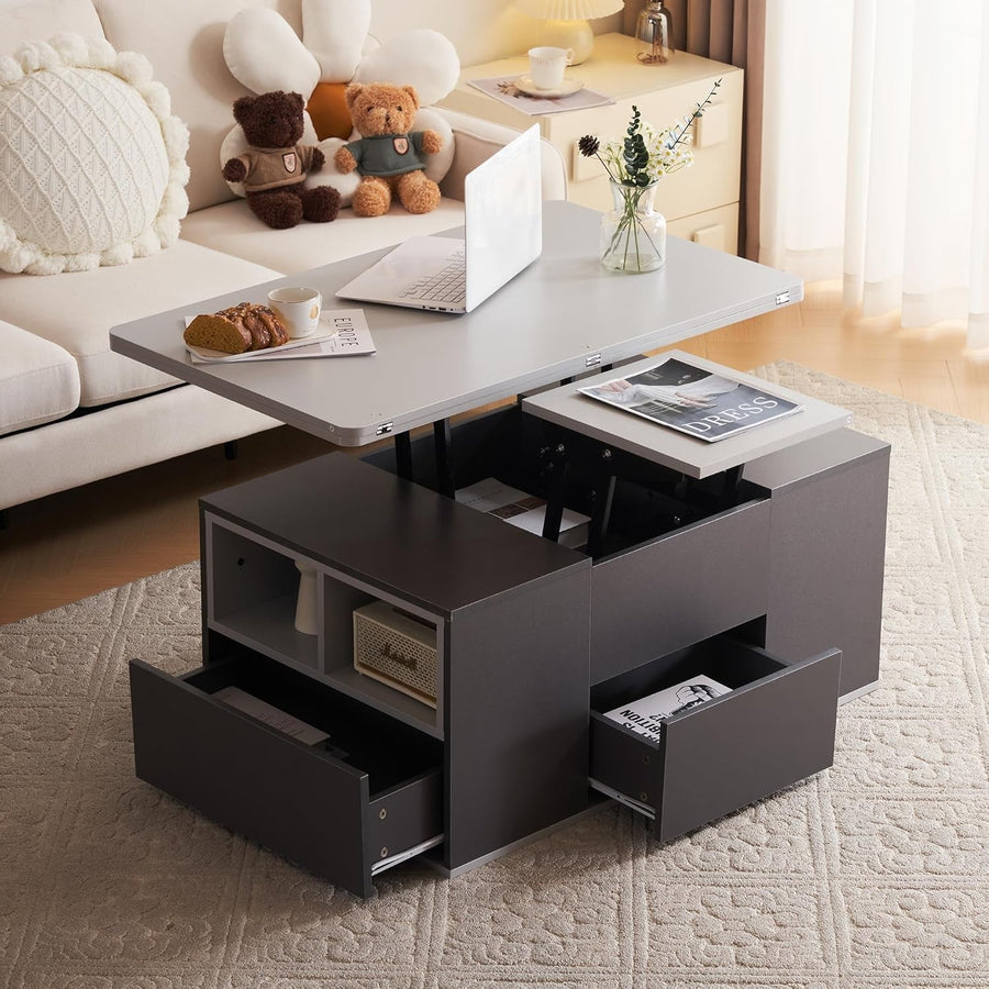 Lift-Top Coffee Table with 3 Drawers & Storage, Grey 100x51x47cm