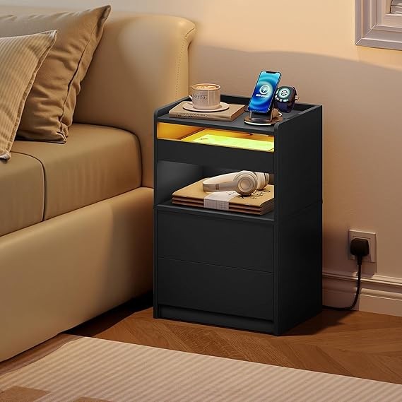 Modern LED Bedside Table with Charging Station, 3 Drawer Nightstand Black