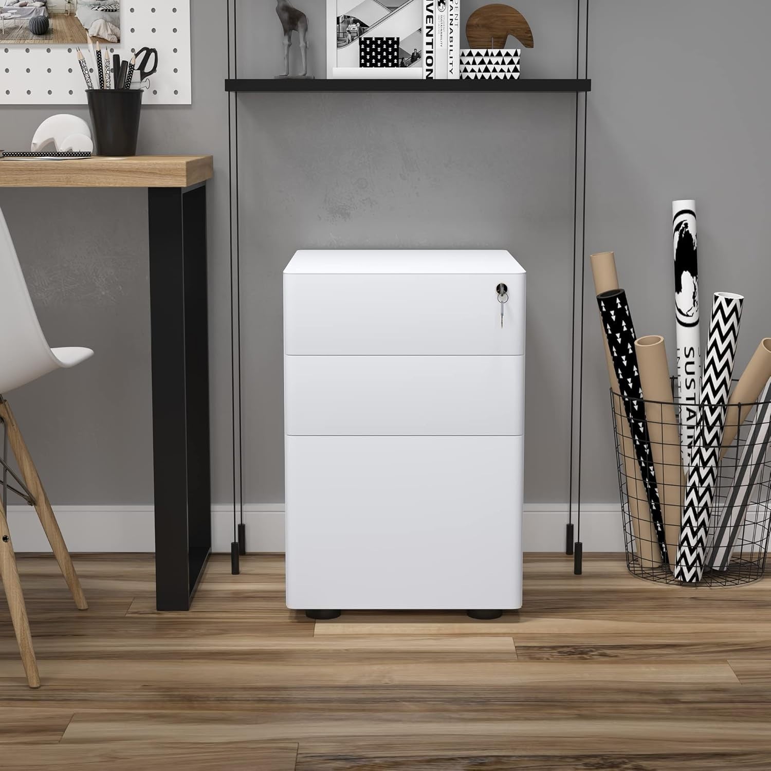 White 3 Drawer Mobile Filing Cabinet Lockable Steel A4 Letter Office Storage
