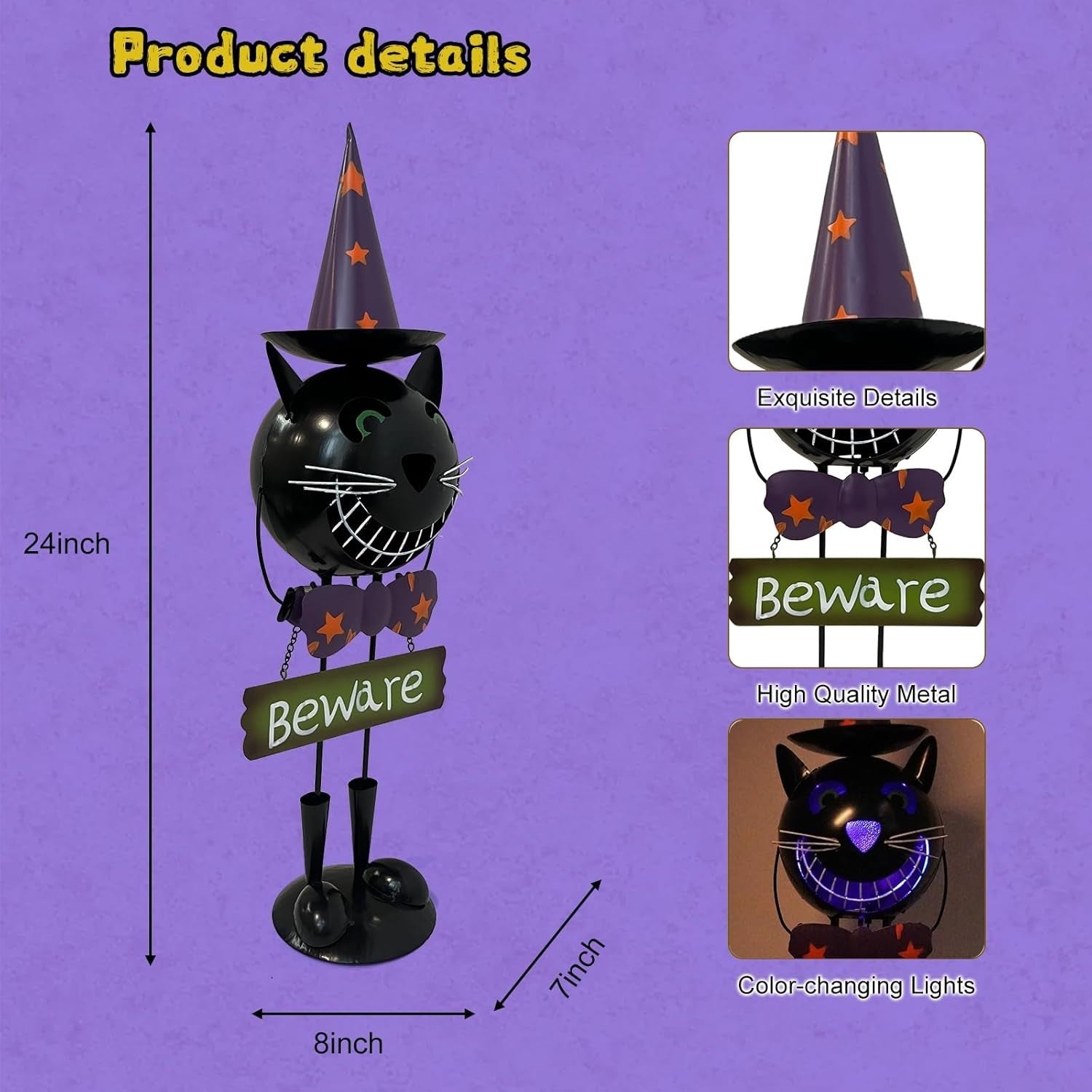 Solar Halloween Cat 60cm Metal LED Light-Up Statue Outdoor Spooky Yard Decor