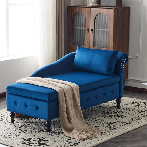 Velvet Chaise Lounge Sofa with Storage Button-Tufted Ergonomic Couch Blue