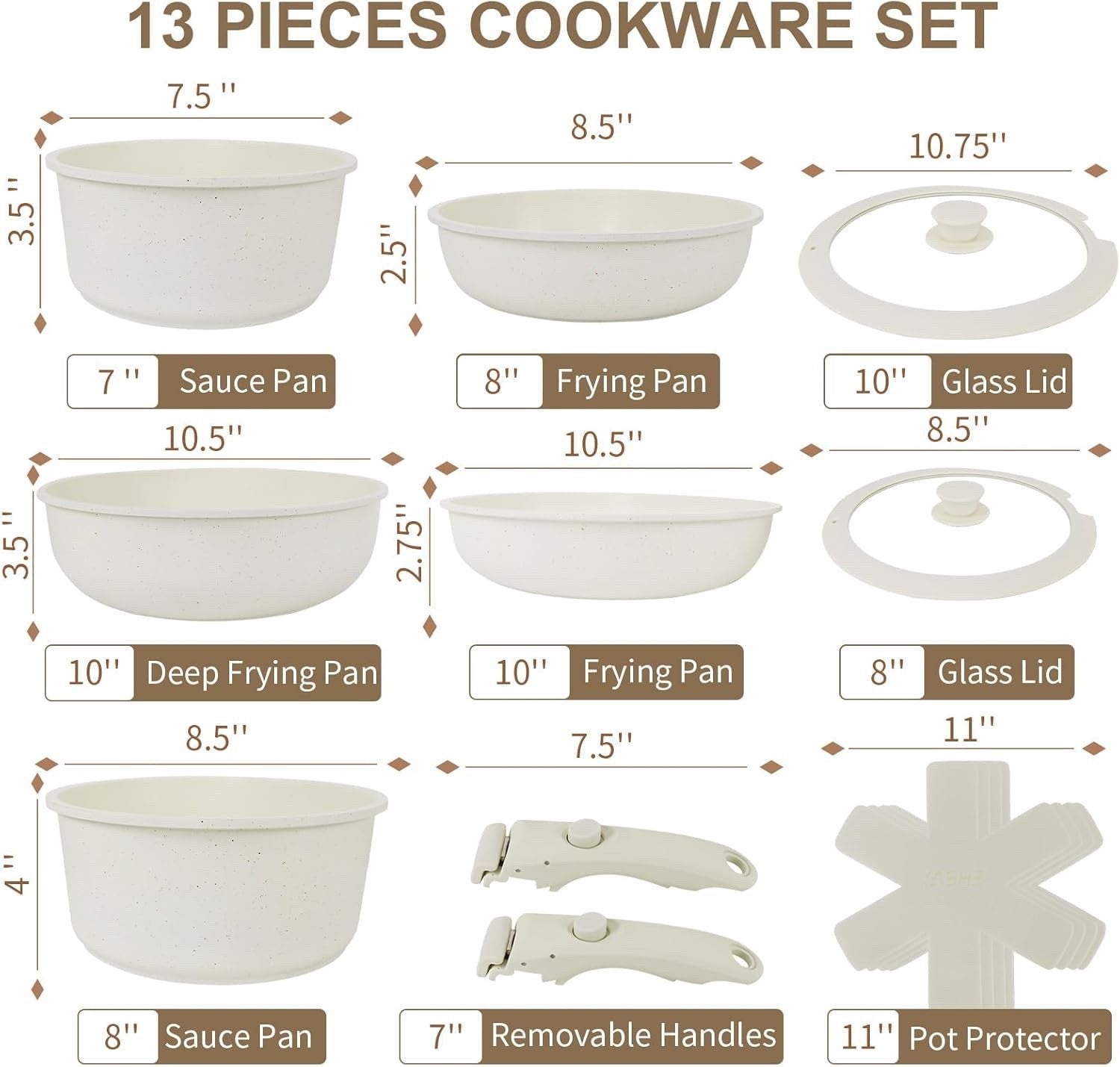 13pcs White Non Stick Cookware Set Pots and Pans with Detachable Handle