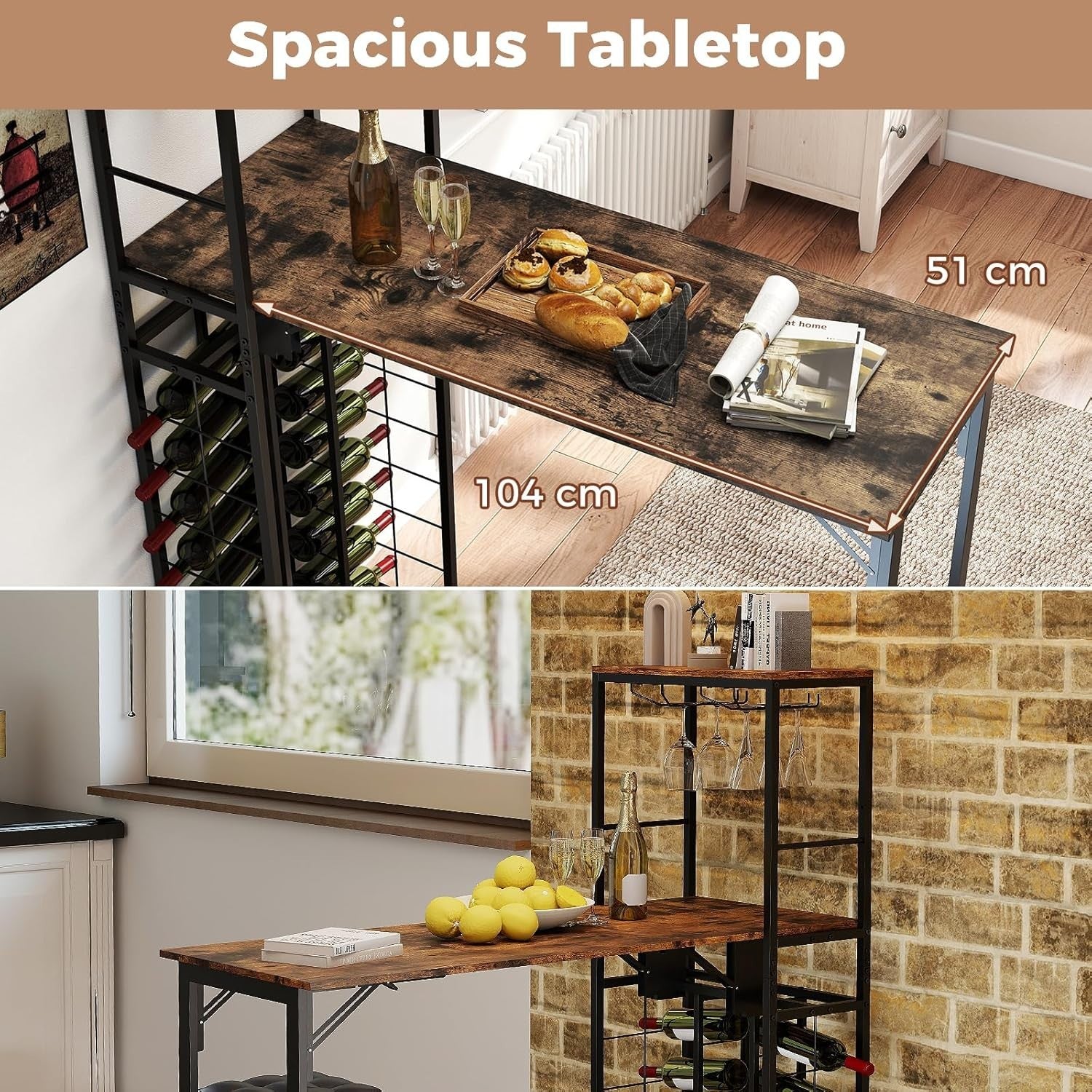 Foldable Bar Dining Table with Wine Rack, 2-Tier Storage, Rustic Brown Metal