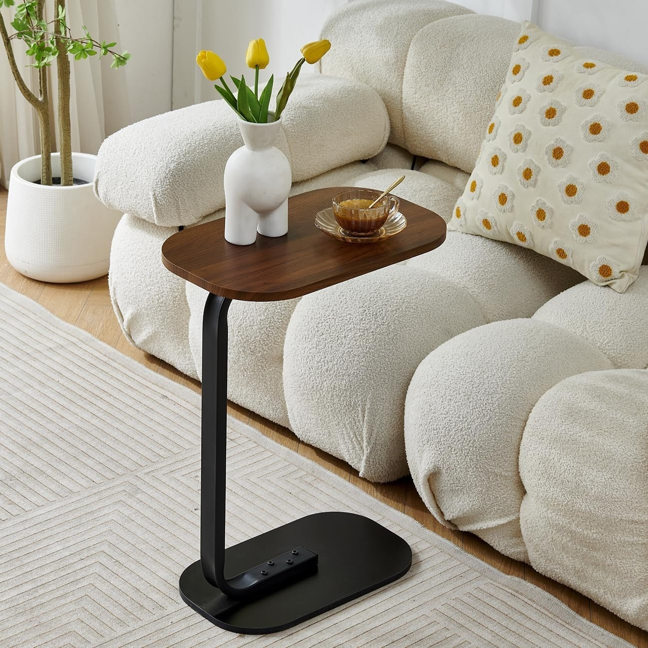 Walnut Rectangular C-Shaped Sofa Side Table Space-Saving Metal Frame 61.5cm