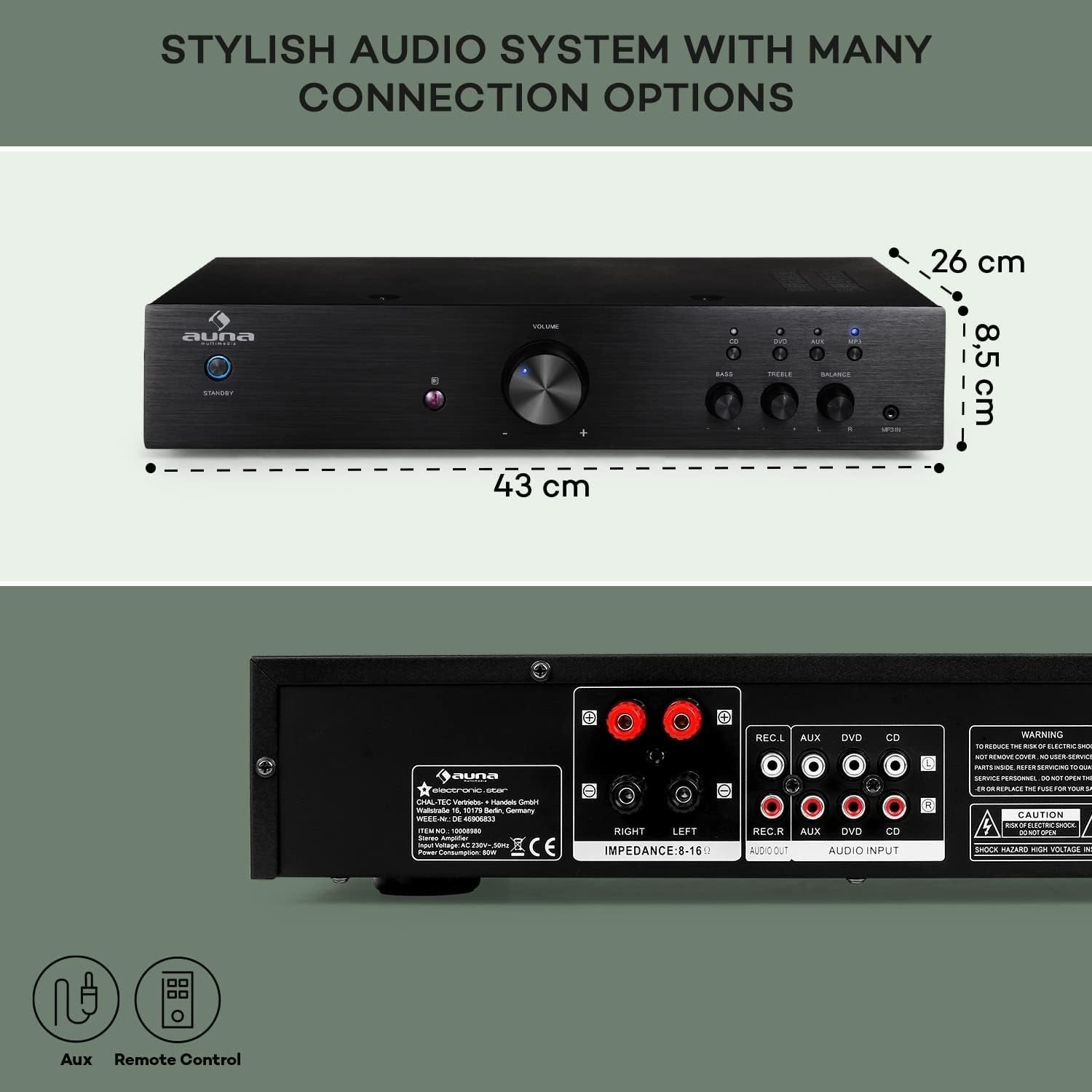 Powerful HiFi Stereo Amplifier AUX RCA Input Bluetooth Streaming Audio