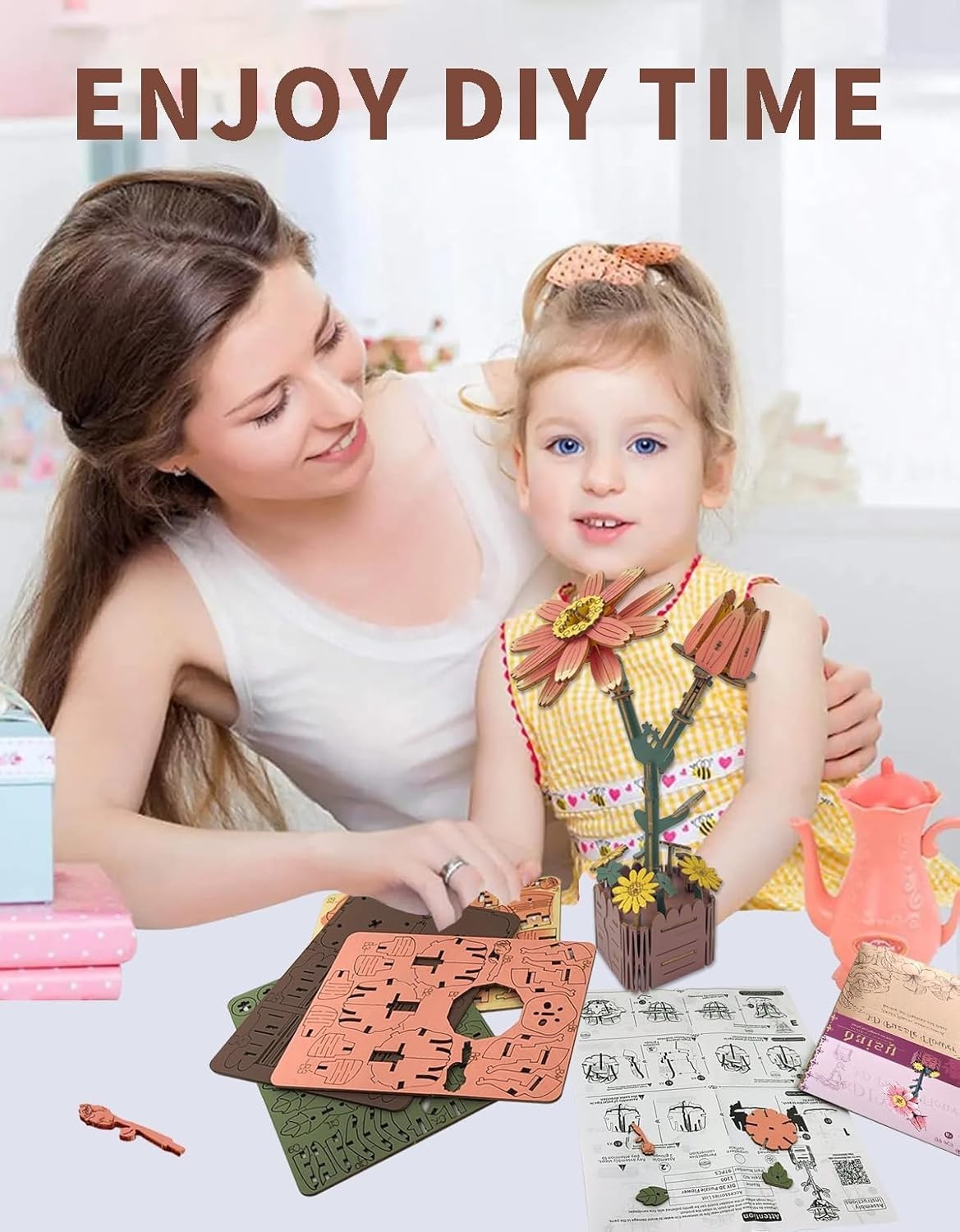 3D Wooden Flower Puzzle Kit for Adults – DIY Gift, Realistic Floral Decor