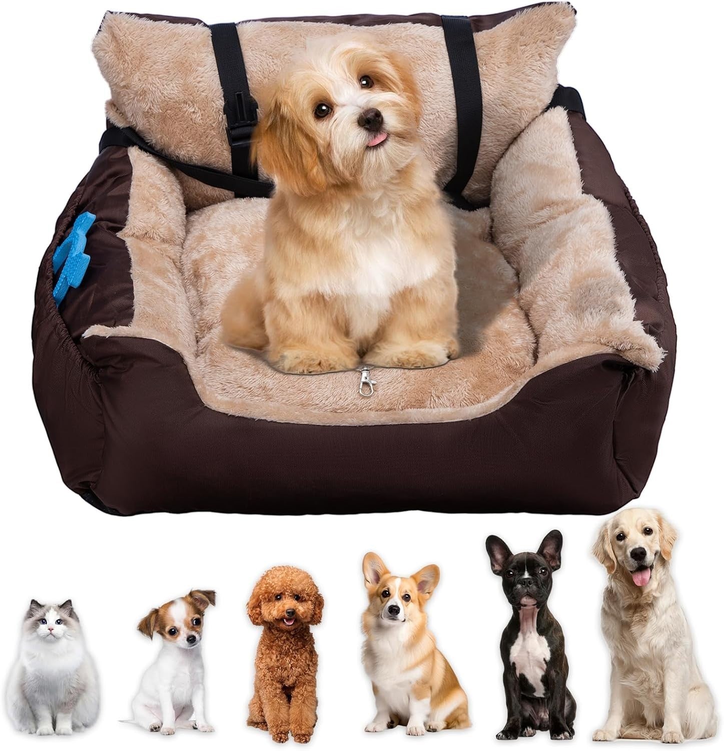 Cozy Plush Dog Car Booster Seat Pet Travel Bed Safety Leash Brown
