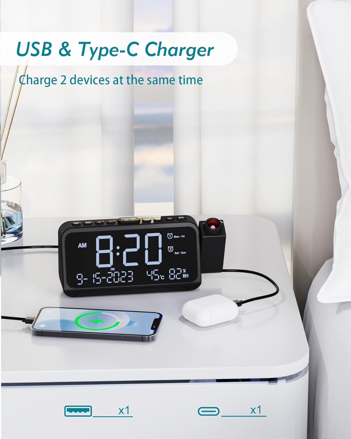 Projection Alarm Clock Ceiling Large Display Dual Alarm Temp Humidity