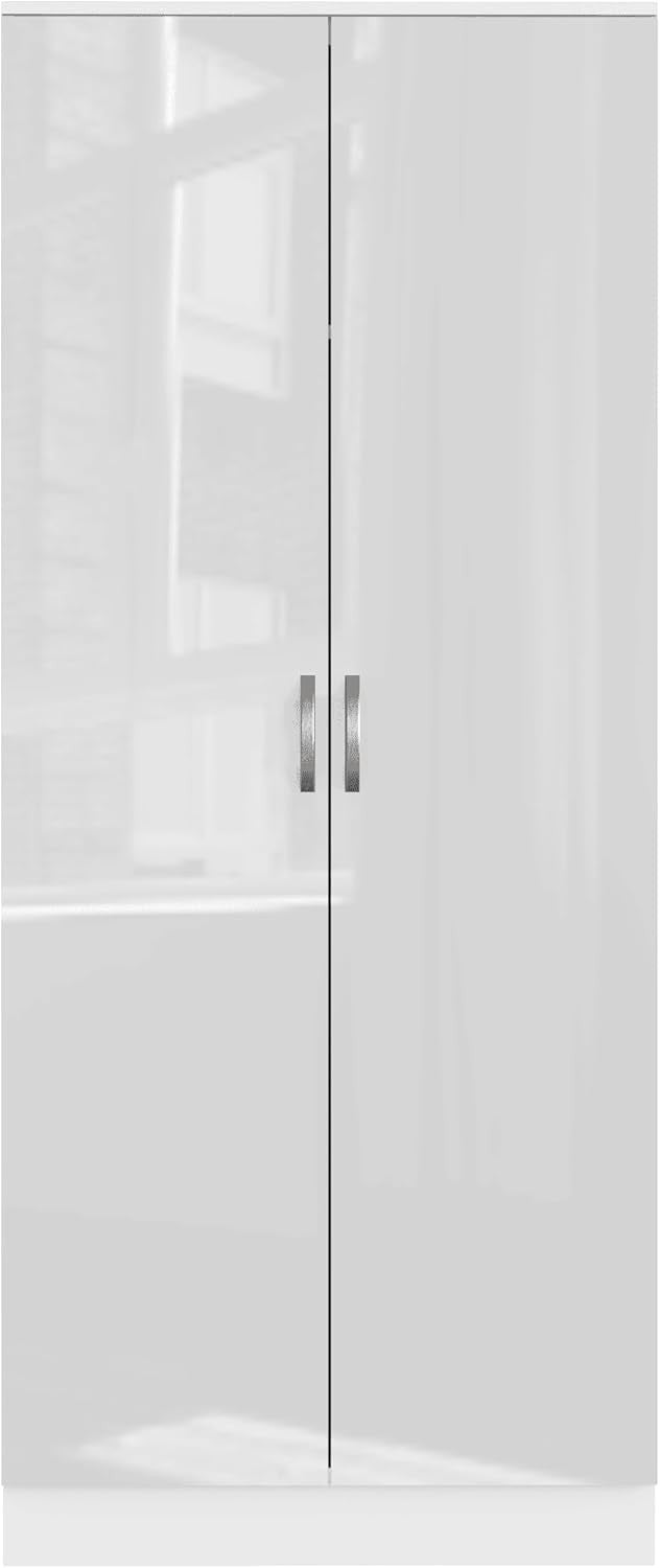 White High Gloss 2 Door Slim Wardrobe with Hanging Rail & Shelf 180cm