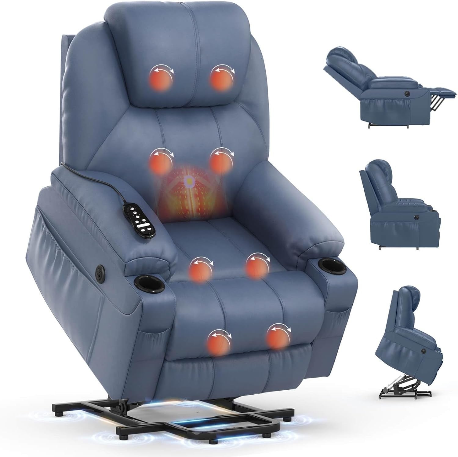 Power Lift Recliner Chair Massage Heat USB Type-C Cup Holders Faux Leather Blue